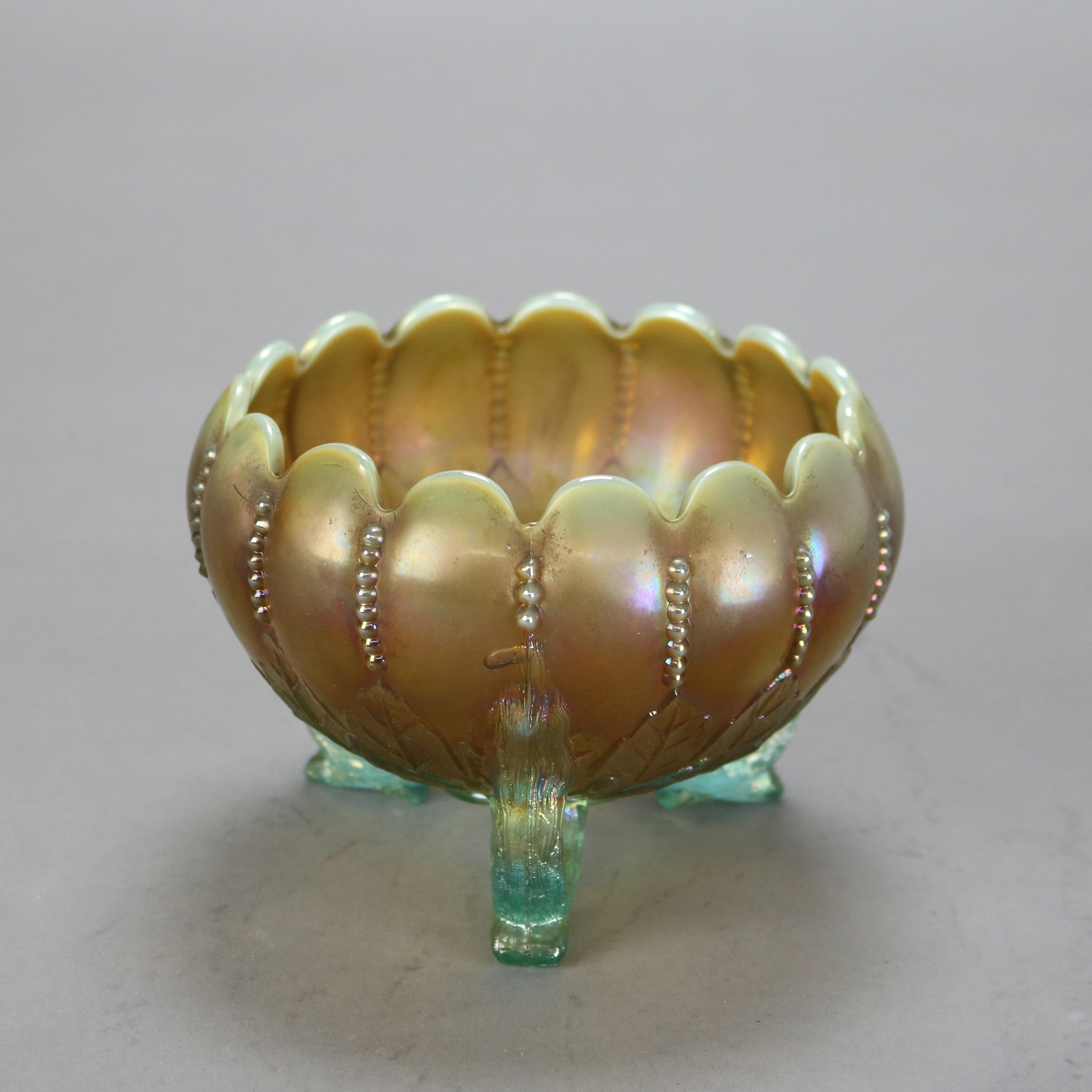 Antique Northwood Carnival Aqua Opalescent Glass Footed Bowl C1920

Measures- 4