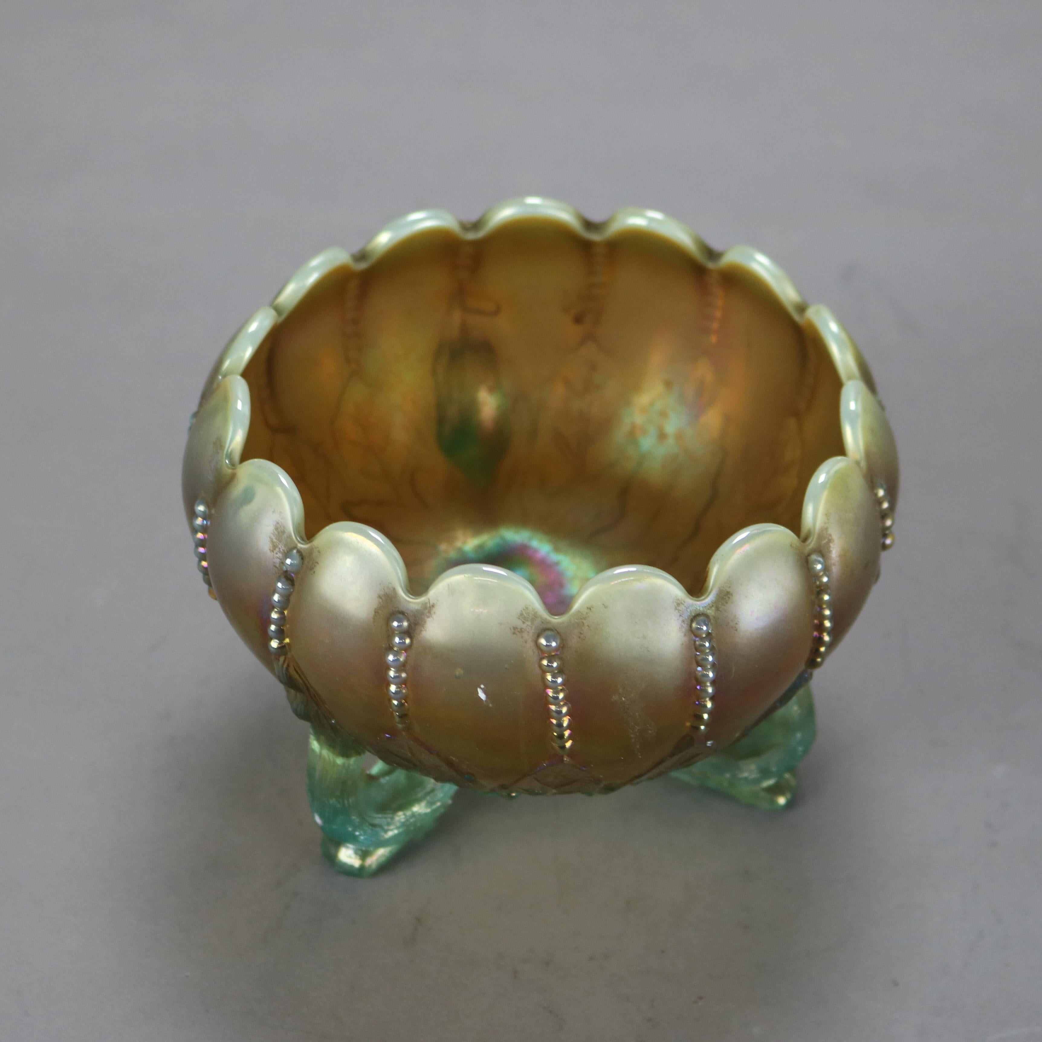 Antique Northwood Carnival Aqua Opalescent Glass Footed Bowl C1920 In Good Condition For Sale In Big Flats, NY