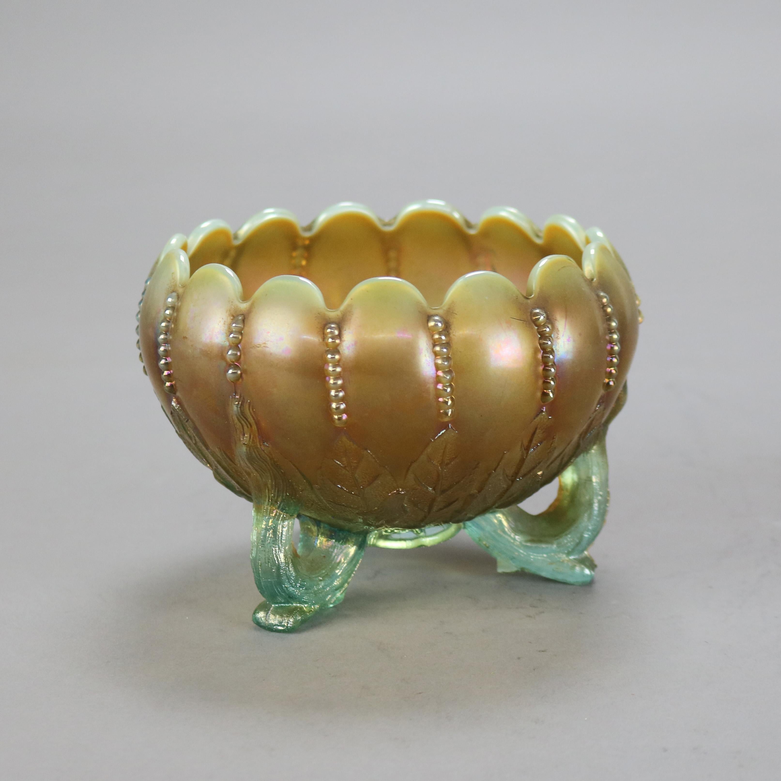20th Century Antique Northwood Carnival Aqua Opalescent Glass Footed Bowl C1920 For Sale