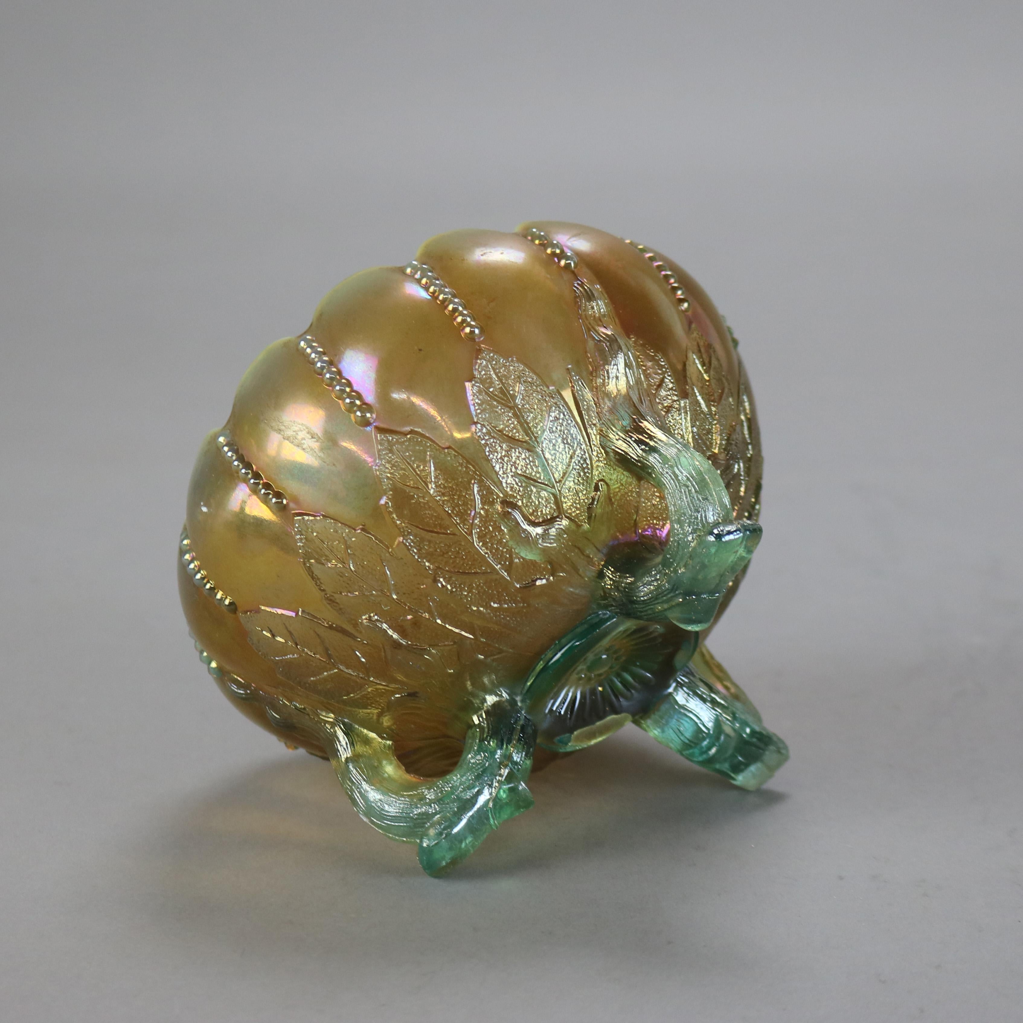 Antique Northwood Carnival Aqua Opalescent Glass Footed Bowl C1920 For Sale 1