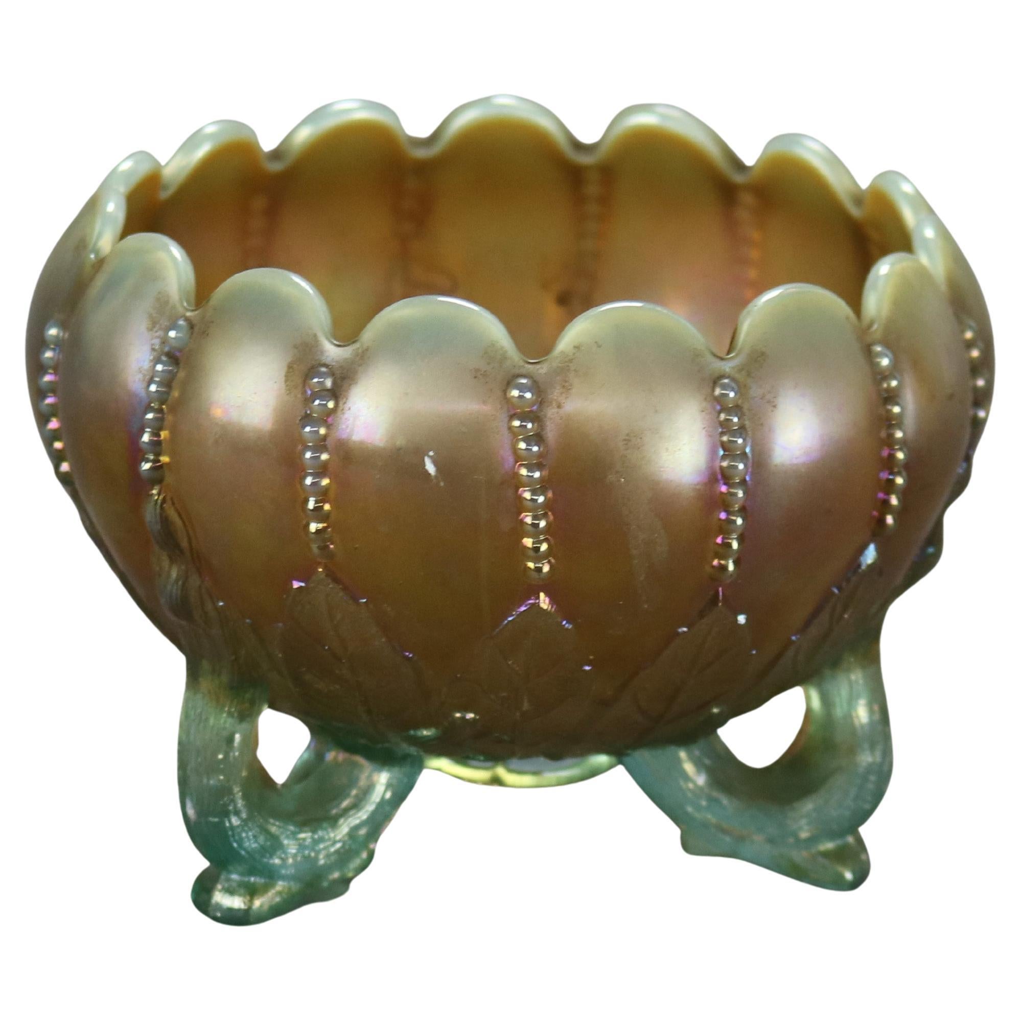 Antique Northwood Carnival Aqua Opalescent Glass Footed Bowl C1920 For Sale