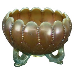 Antique Northwood Carnival Aqua Opalescent Glass Footed Bowl C1920
