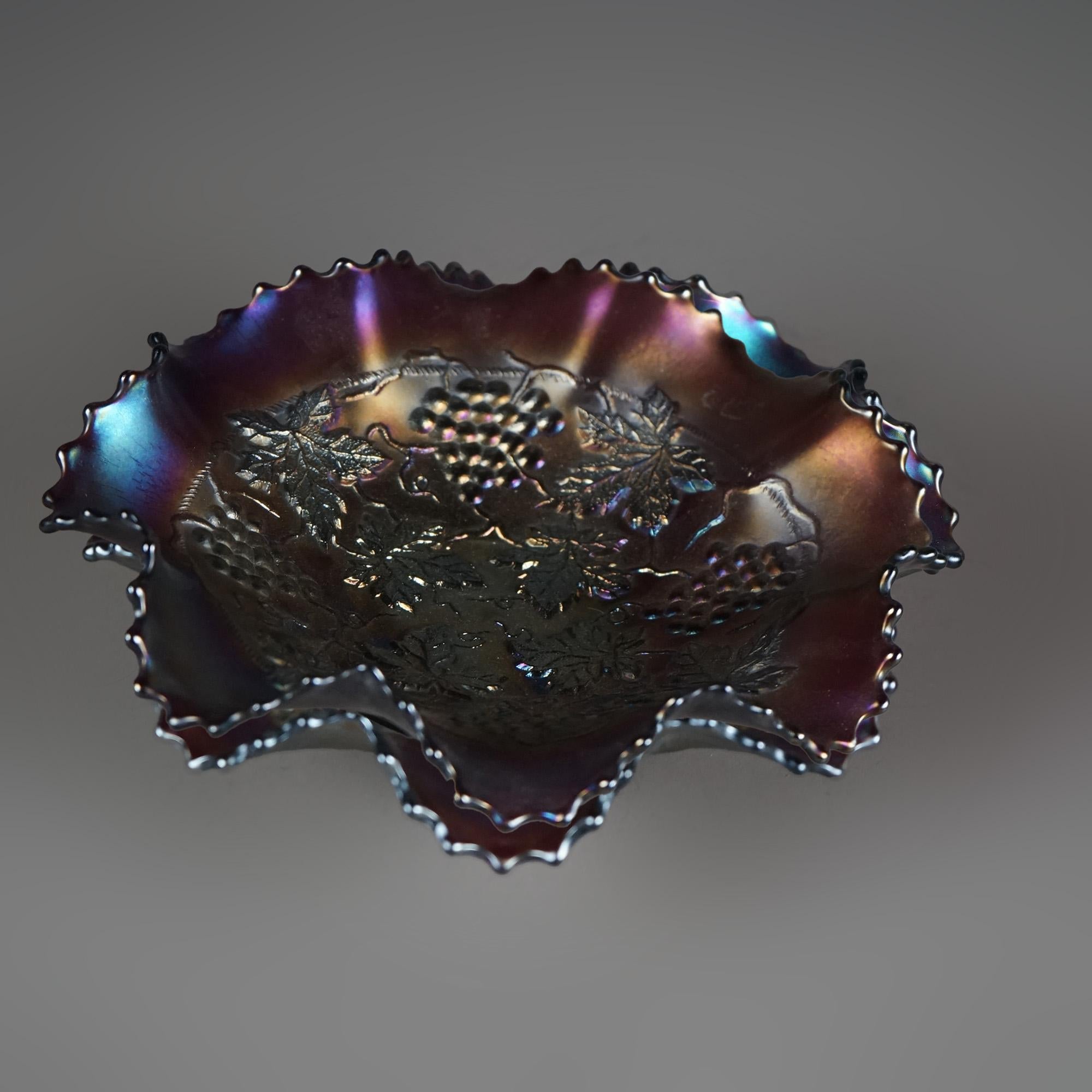 Antique Northwood Purple Amethyst Ruffled Rim Carnival Glass Bowl with Grape & Leaf C1920

Measures - 2.5