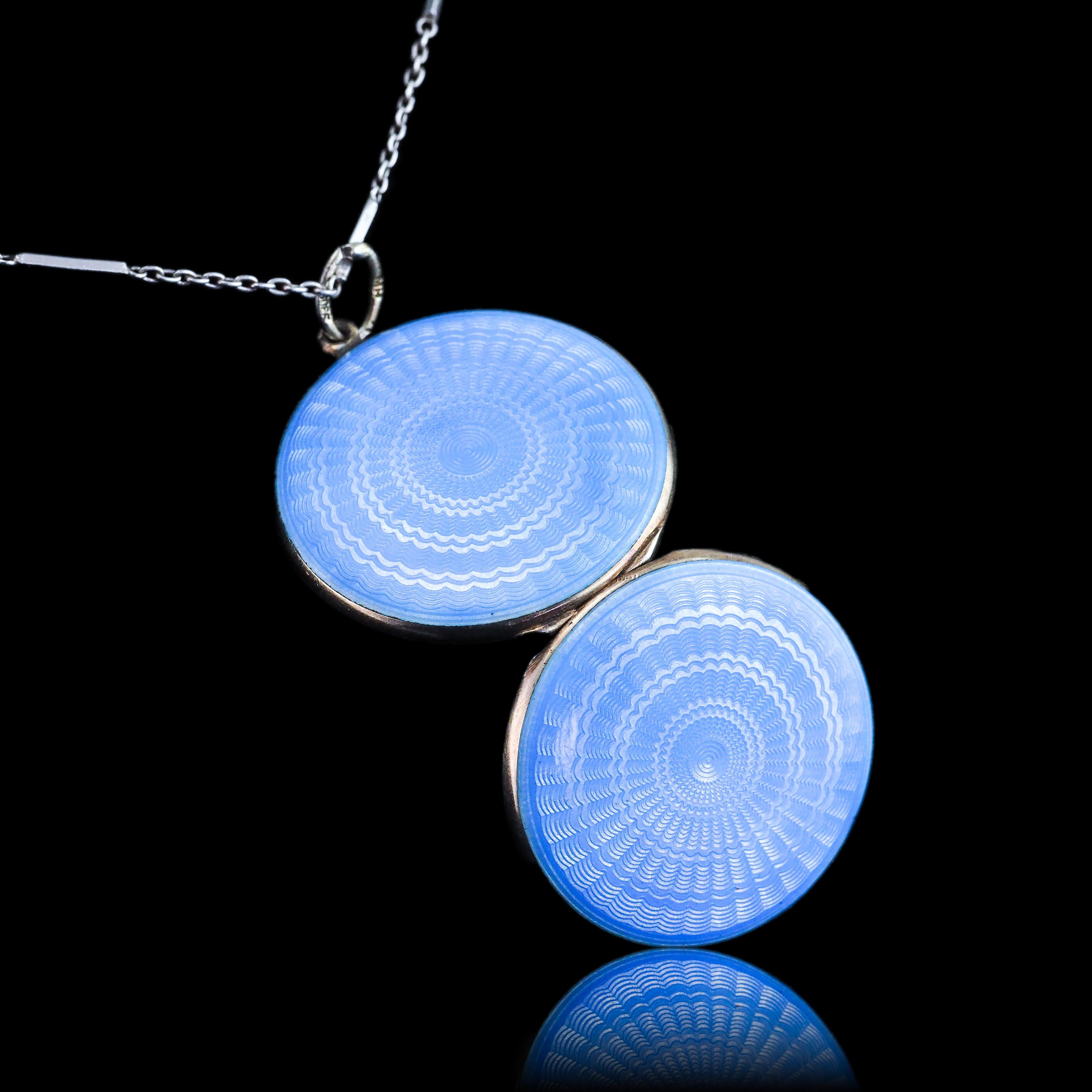 Women's or Men's Antique Norwegian Blue Guilloche Enamel Pendant Necklace Locket - Marius Hammer For Sale