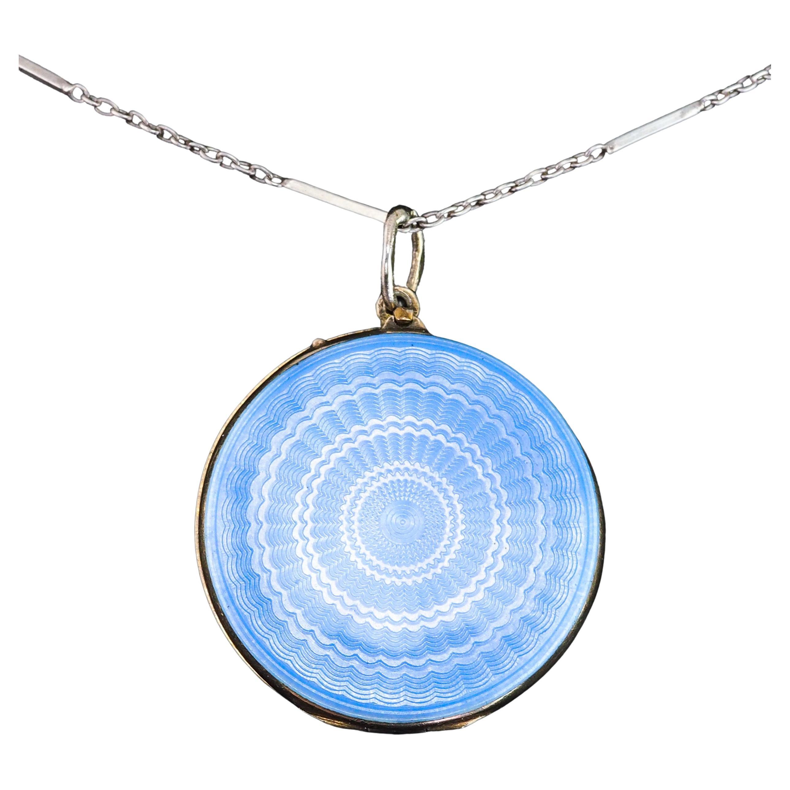 Antique Norwegian Blue Guilloche Enamel Pendant Necklace Locket - Marius Hammer For Sale