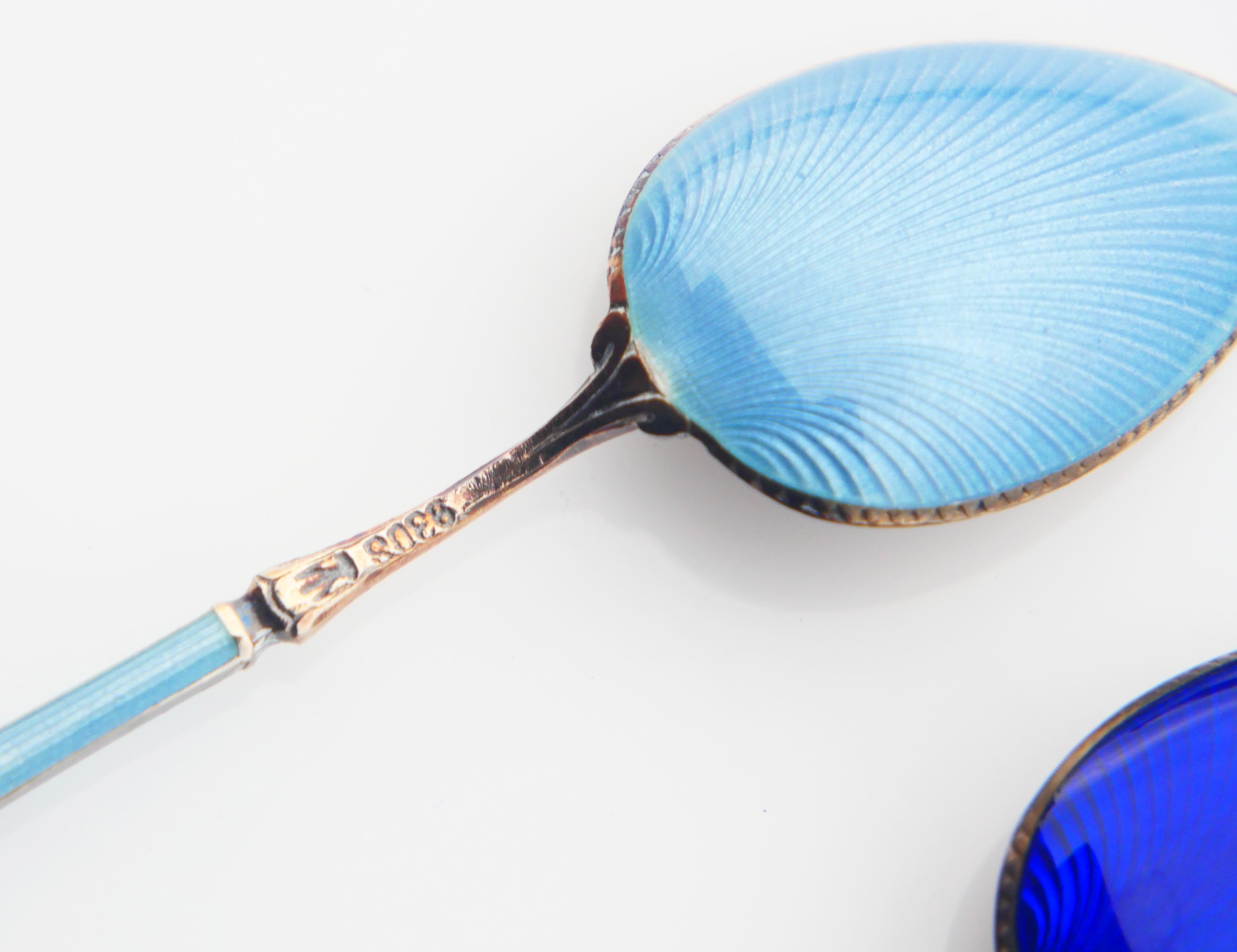 Antike Norwegen Boxed Löffel Set Eiscreme Kaffee Emaille massiv 830 Silber / 78gr im Angebot 2