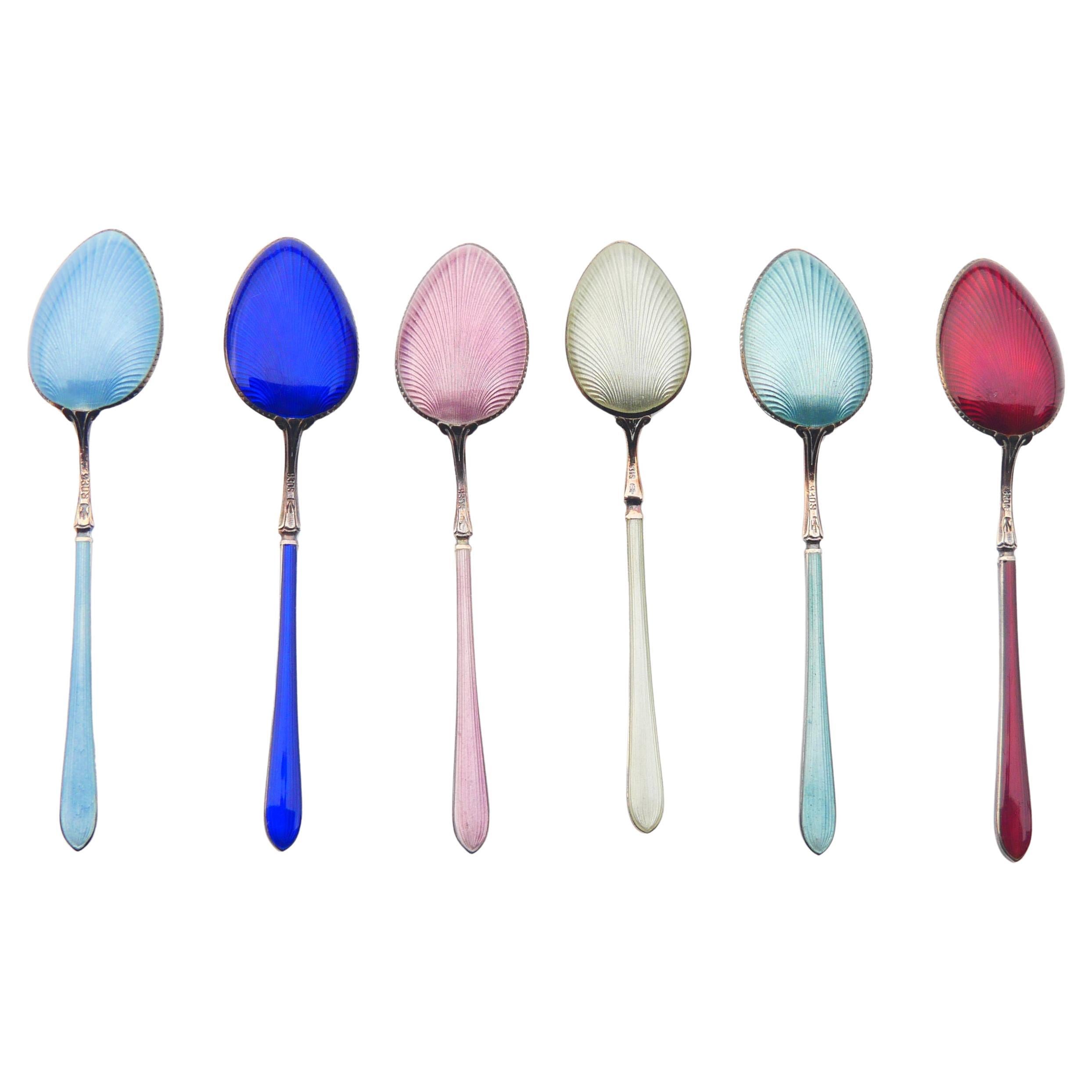 Antico set di cucchiai in scatola Norvegia Gelato Caffè Smalto solido 830 Argento / 78gr