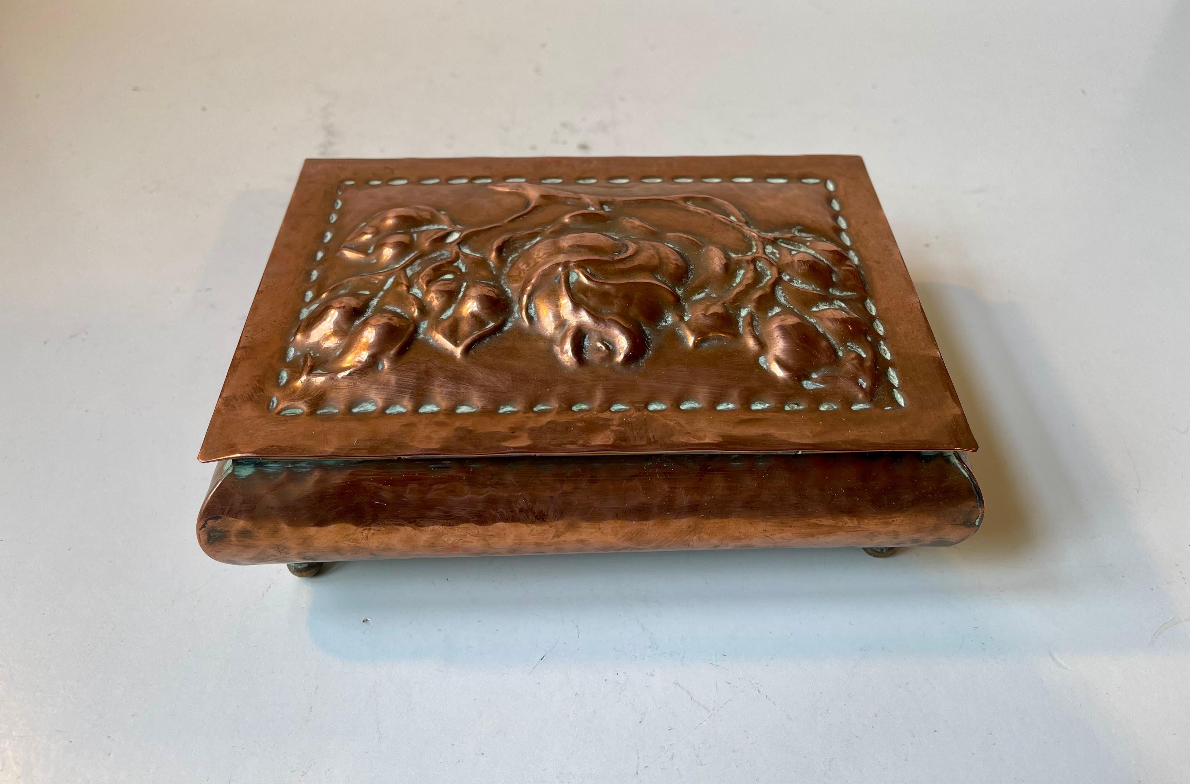 High Victorian Antique Norwegian Cigar Box in Embossed Copper