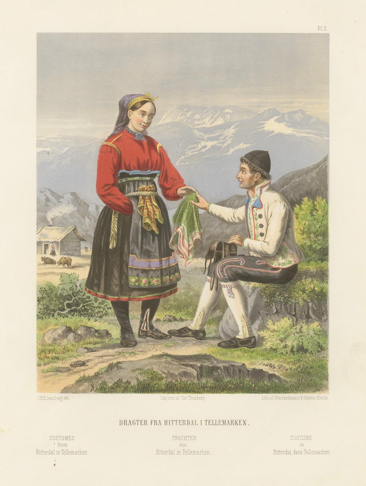 Norwegian Folk Costumes from Hitterdal in Telemarken – Tonsberg Edition, 1860s

This beautifully executed 19th-century chromolithograph shows traditional male and female costumes from Hitterdal, a historic area in Telemarken, Norway. A young couple