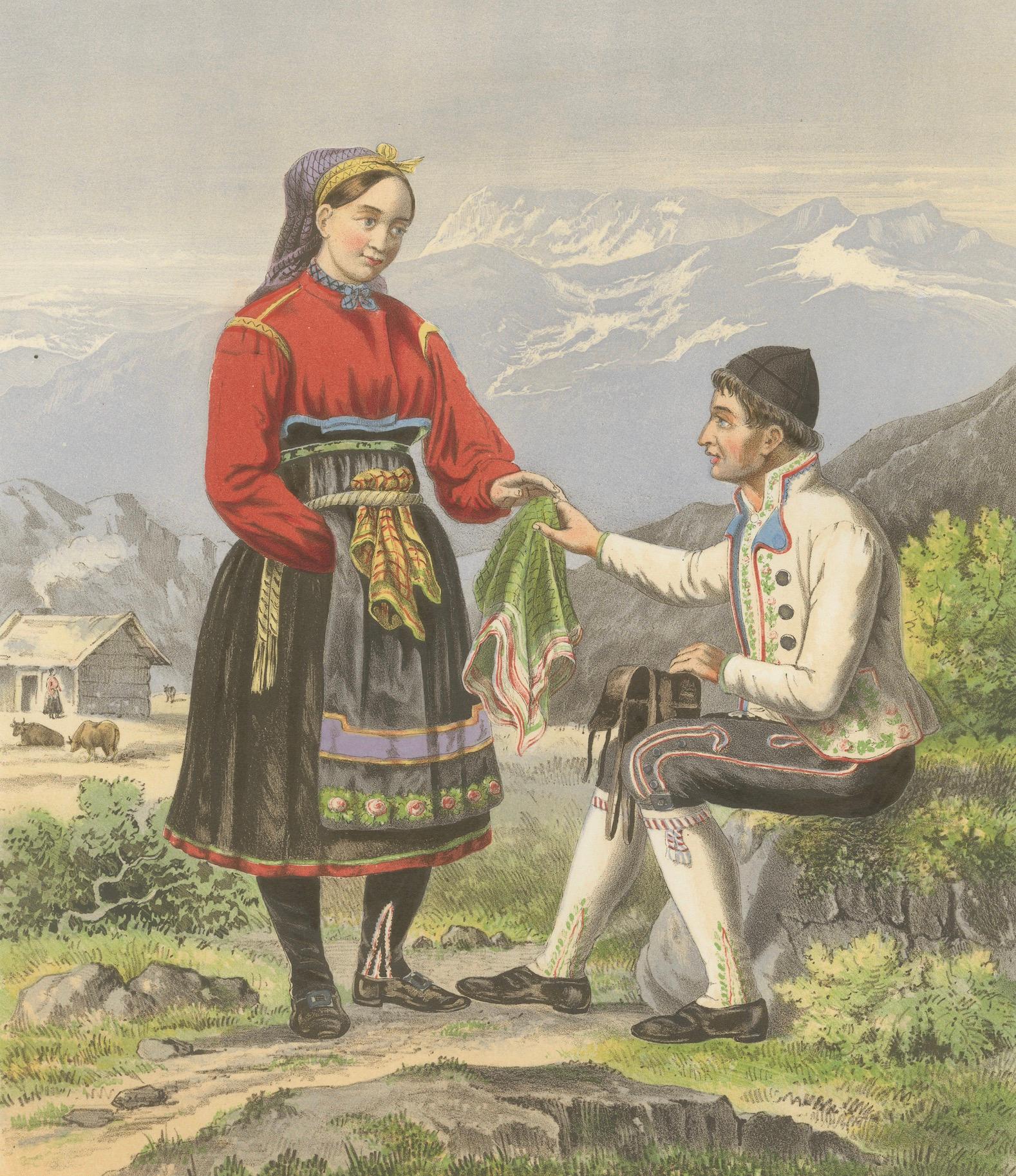 Tedesco Antique Norwegian Costume Print – Hitterdal in Telemark, circa 1860s in vendita