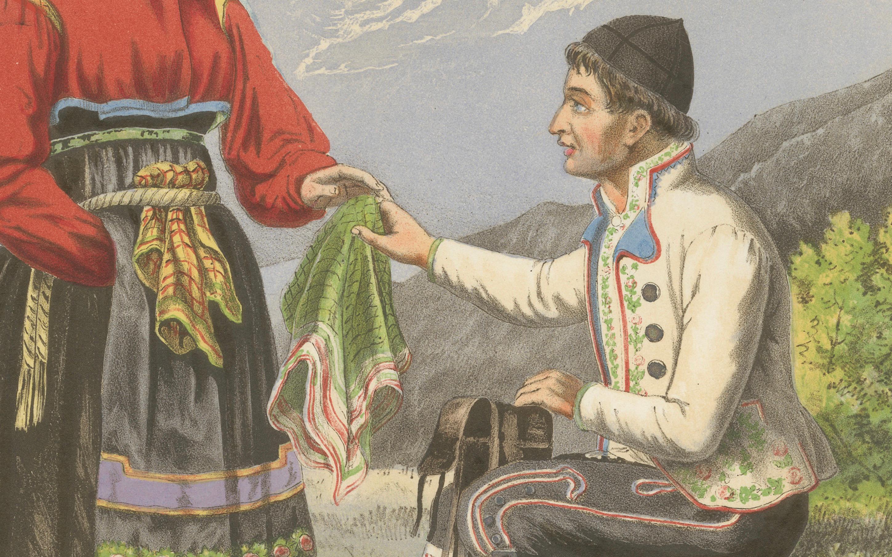 Metà XIX secolo Antique Norwegian Costume Print – Hitterdal in Telemark, circa 1860s in vendita