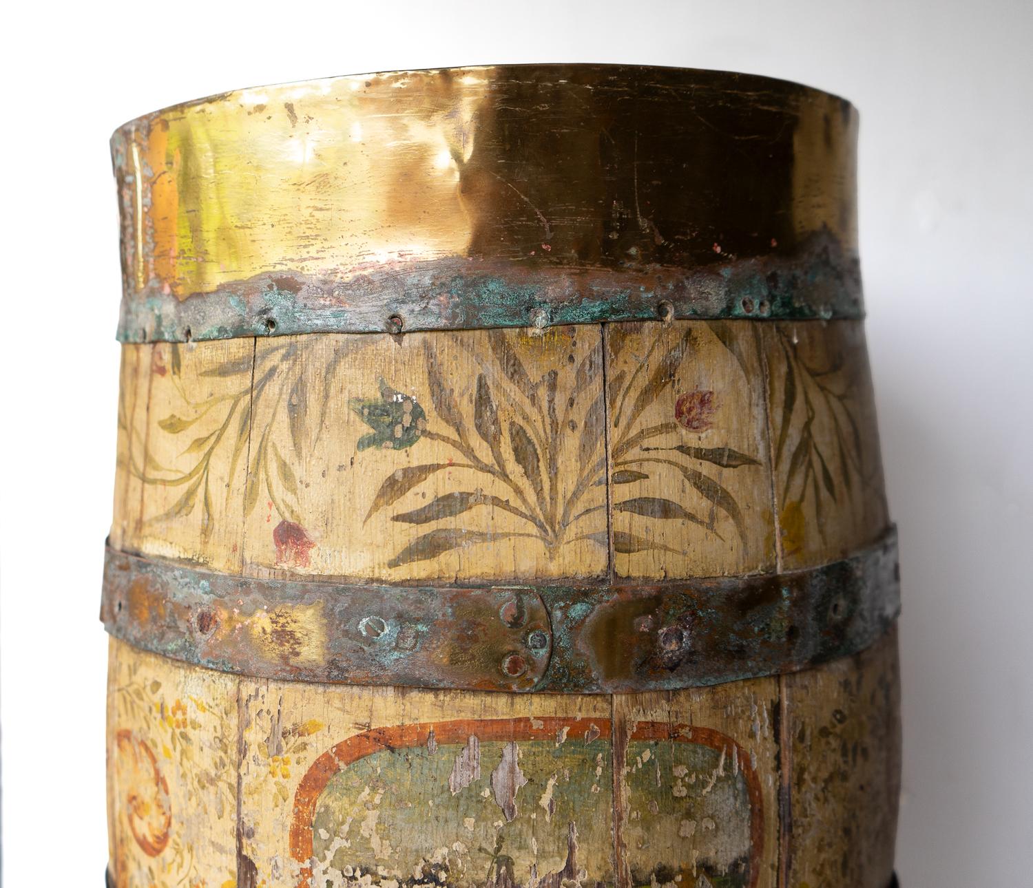 Copper Antique Norwegian Folk Art Painted Coopered Barrel Stick Stand, 1800s