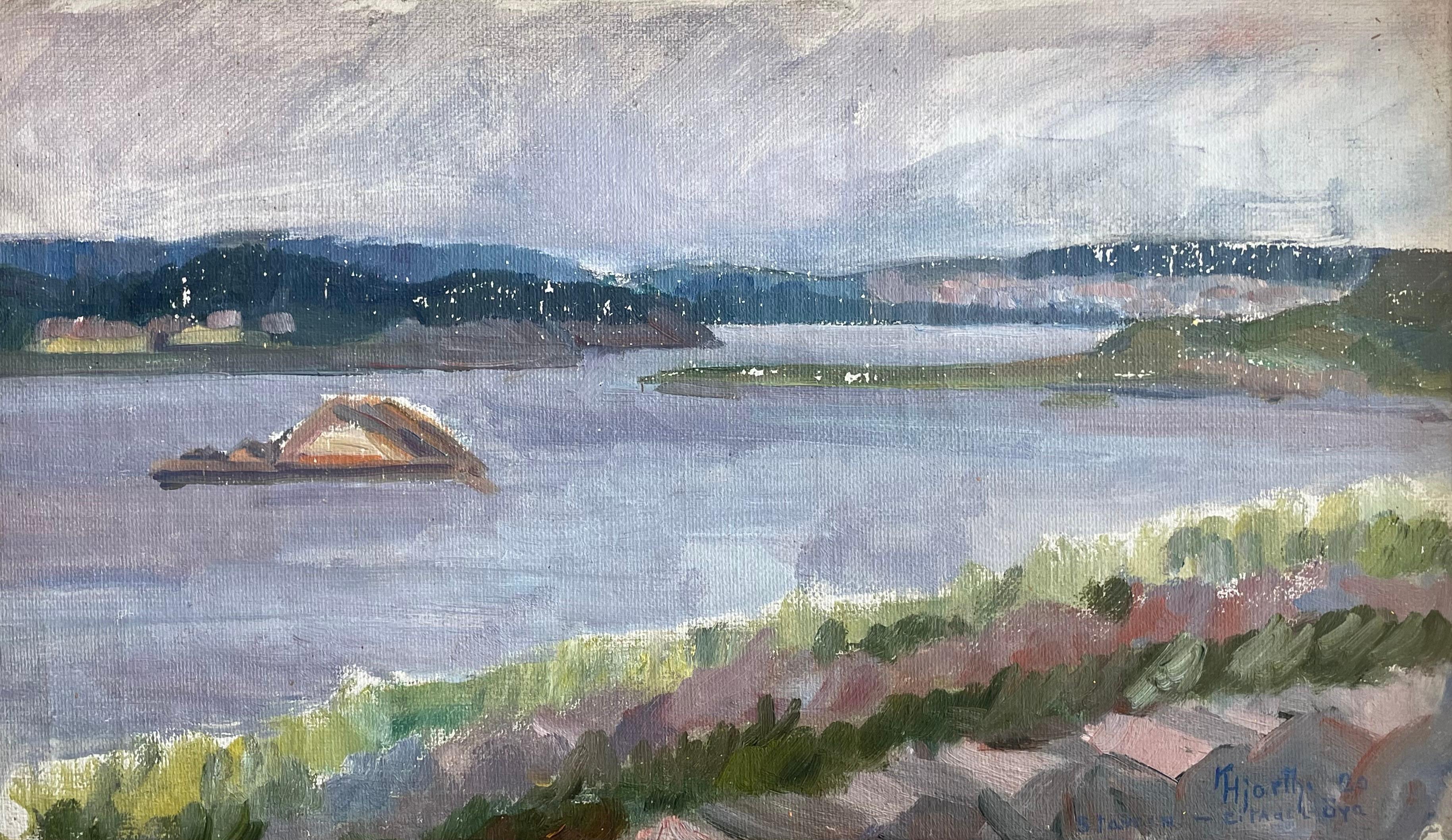 Peinture originale ancienne à l'huile sur toile de 1920 par l'artiste K.K. Hjorth avec motif de Norvège. Le tableau est intitulé 