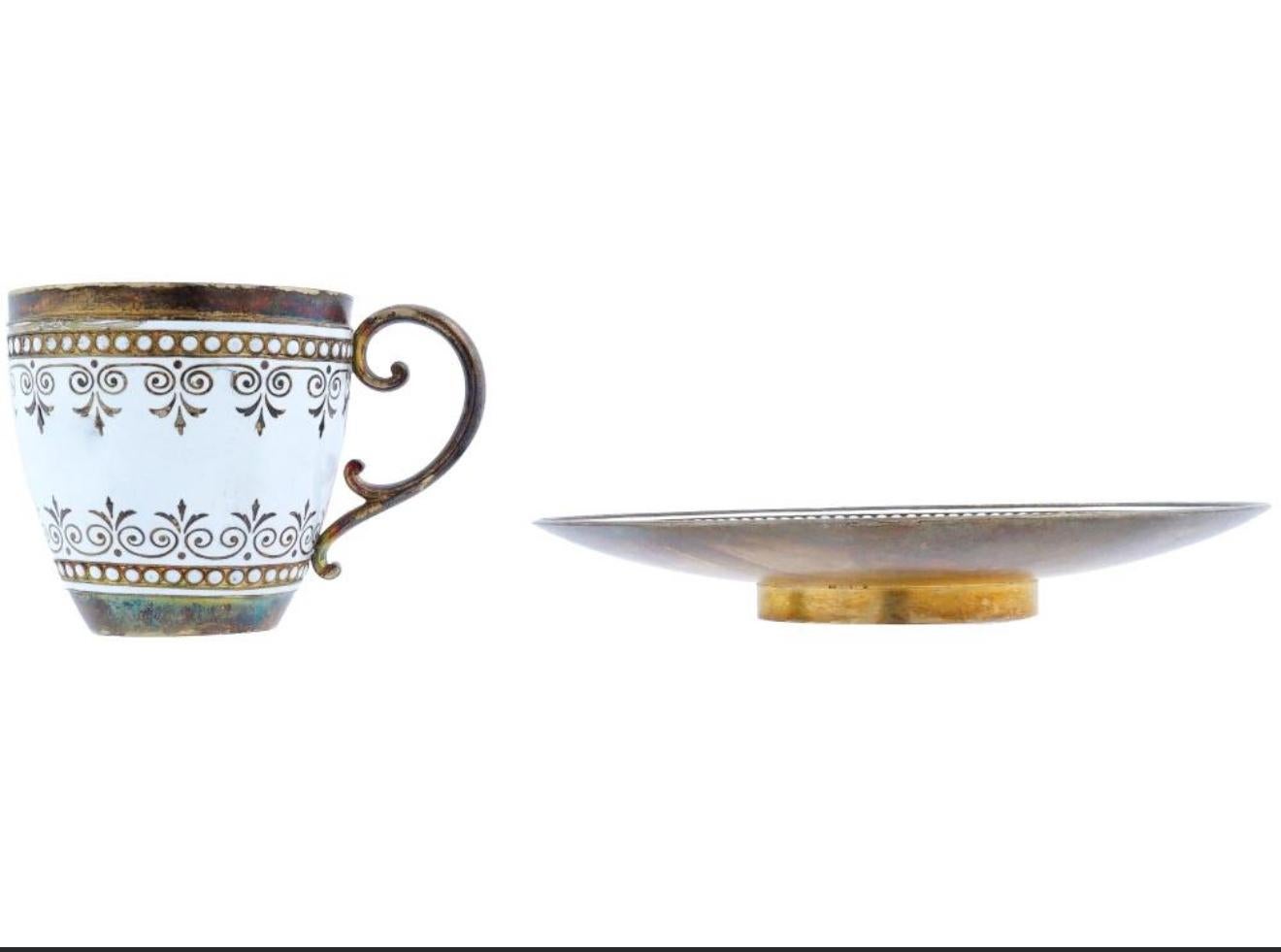 da uomo o donna Antico set di tazze e piattini norvegesi in argento e smalto cloisonné di David Andersen in vendita