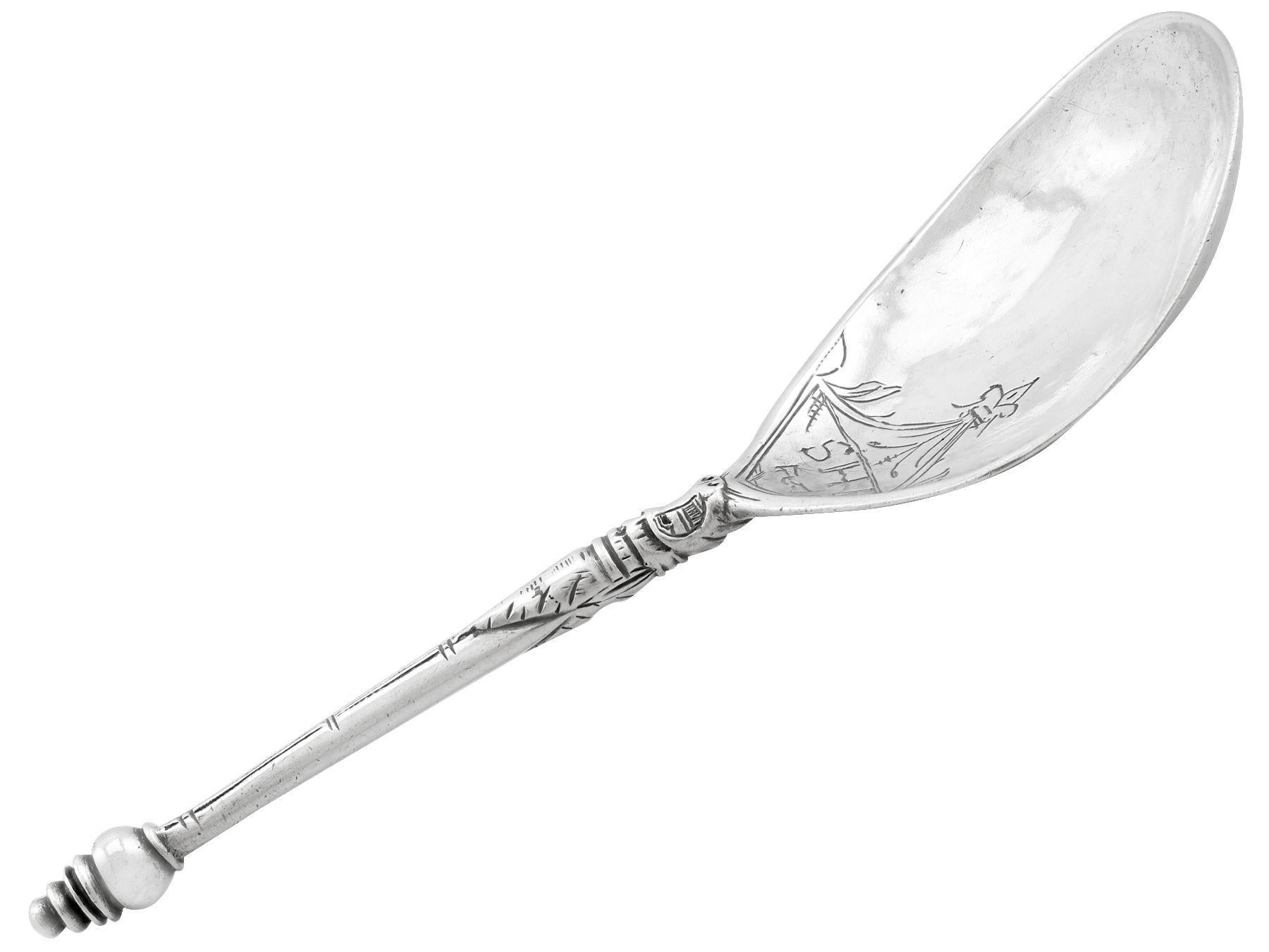 An exceptional antique 17th century Norwegian silver spoon; an addition to our silver teaware collection.

This exceptional antique Norwegian silver spoon has an oval rounded shaped form with a narrow stem handle and knopped terminal.

The bowl is