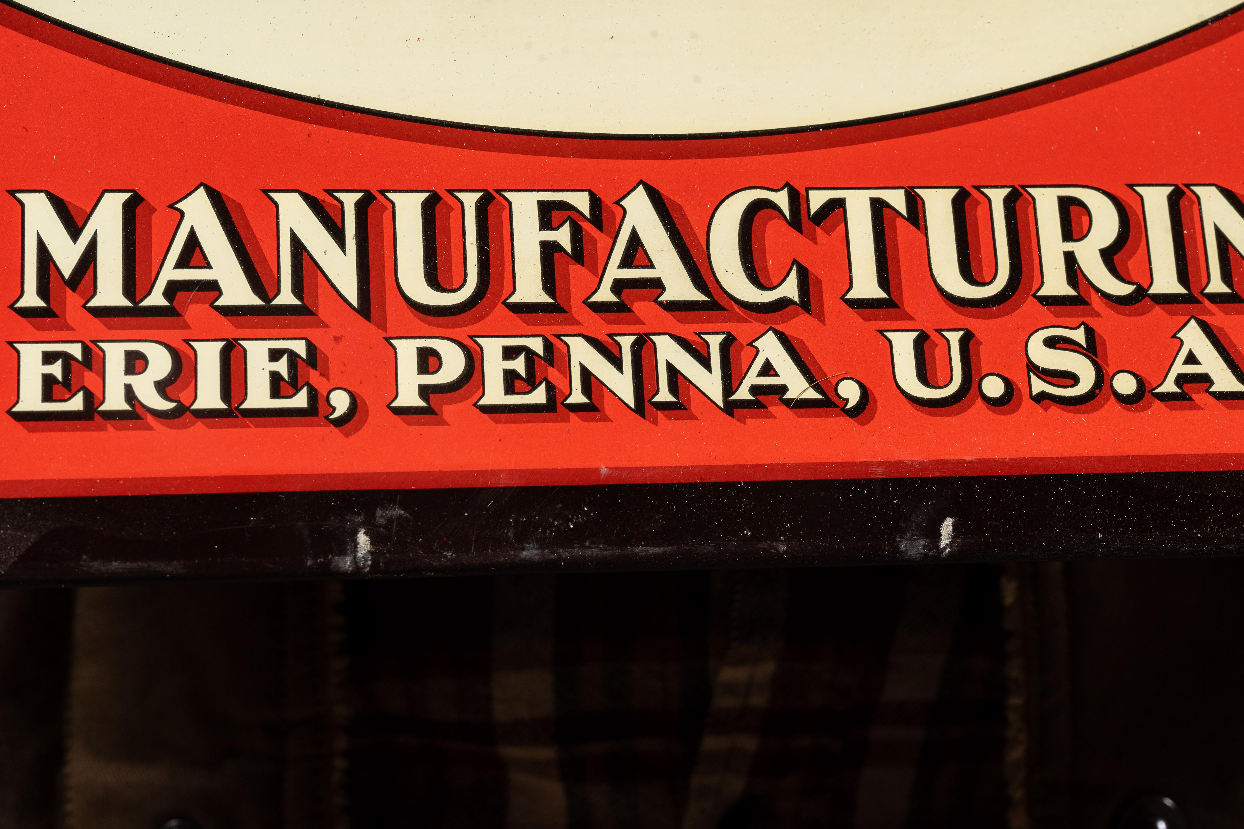 c. 1920s; mfd. by The H. D. Beach Co. (Coshocton, OH) for Reed Manufacturing Co. - Erie, PA

Antique new-old-stock tin-over-cardboard (TOC) advertising sign.

This piece advertises Reed Mfg. Co., a Pennsylvania-based manufacturer of vises and pipe