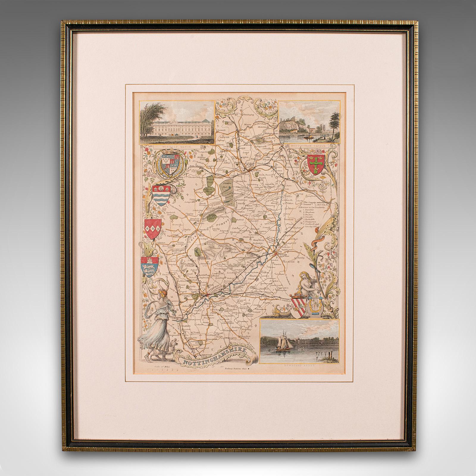 
Dies ist eine antike lithographische Karte von Nottinghamshire. Ein englischer, gerahmter Atlasstich von kartografischem Interesse aus der Mitte des 19. Jahrhunderts und später.

Hervorragende Lithografie von Nottinghamshire und seiner Grafschaft,