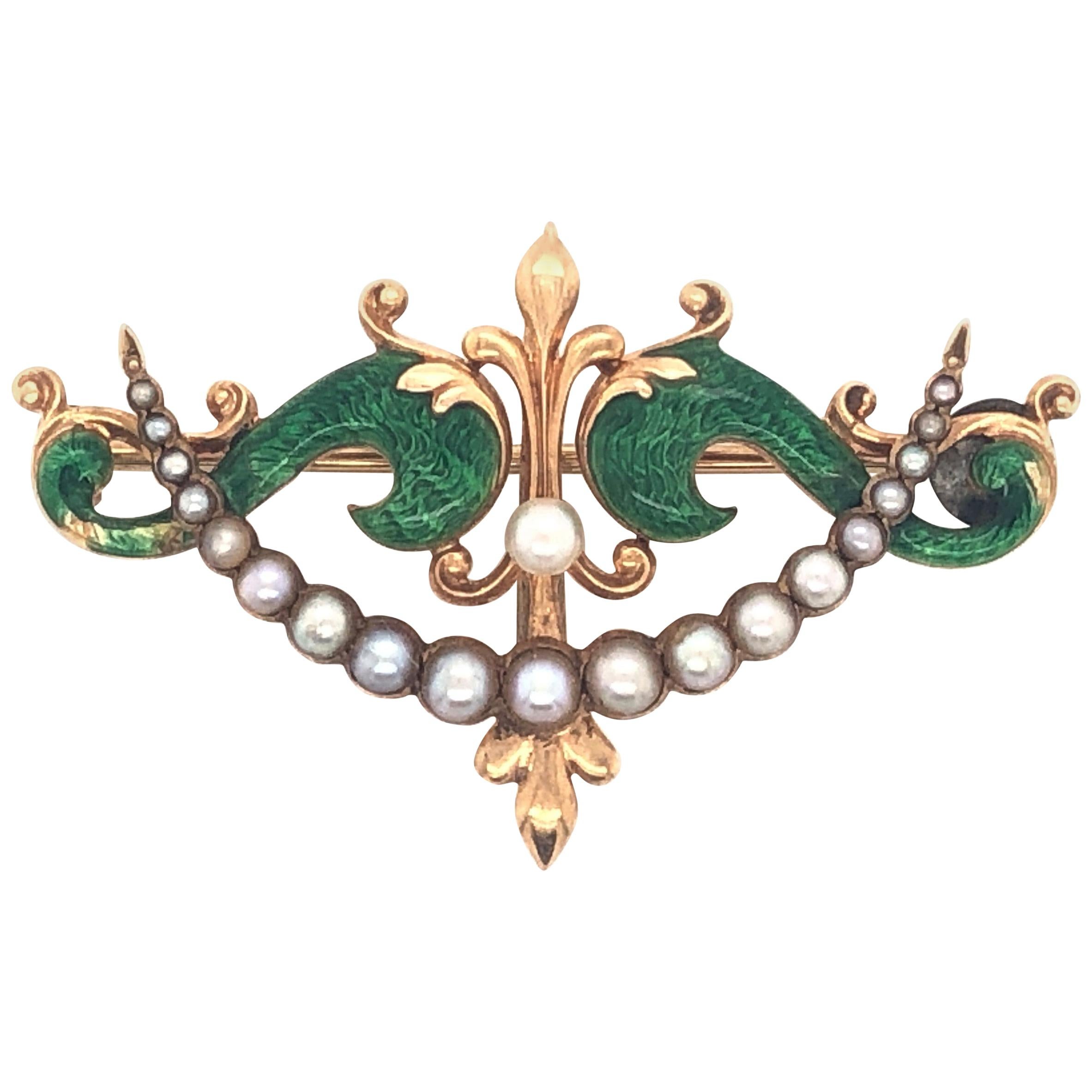 Antique Nouveau Style Pearl Yellow Gold Green Enamel Pin Brooch with Hanger