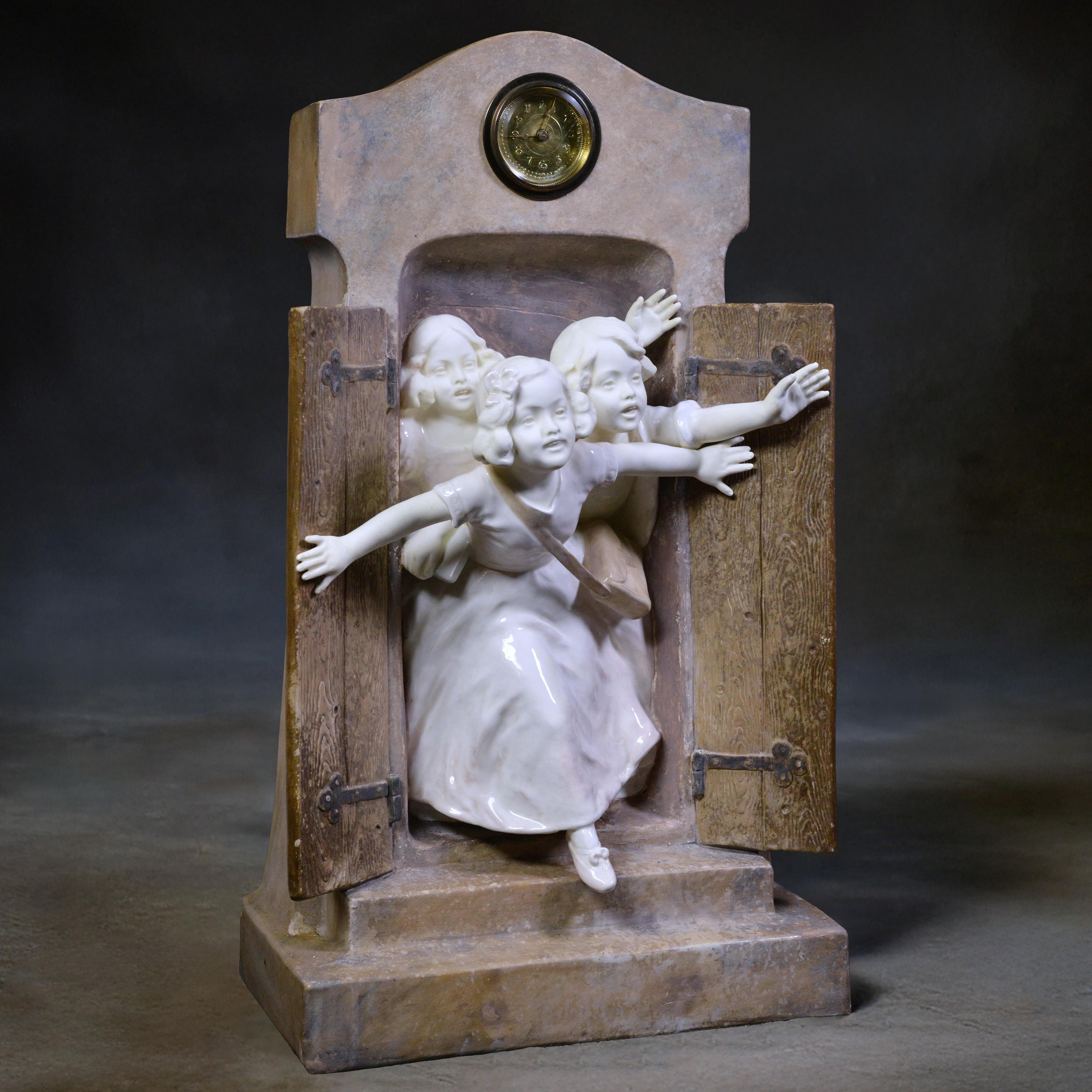 Porcelain clock with figurines, stunning in their architecture and composition, representing a flock of children flying out the 