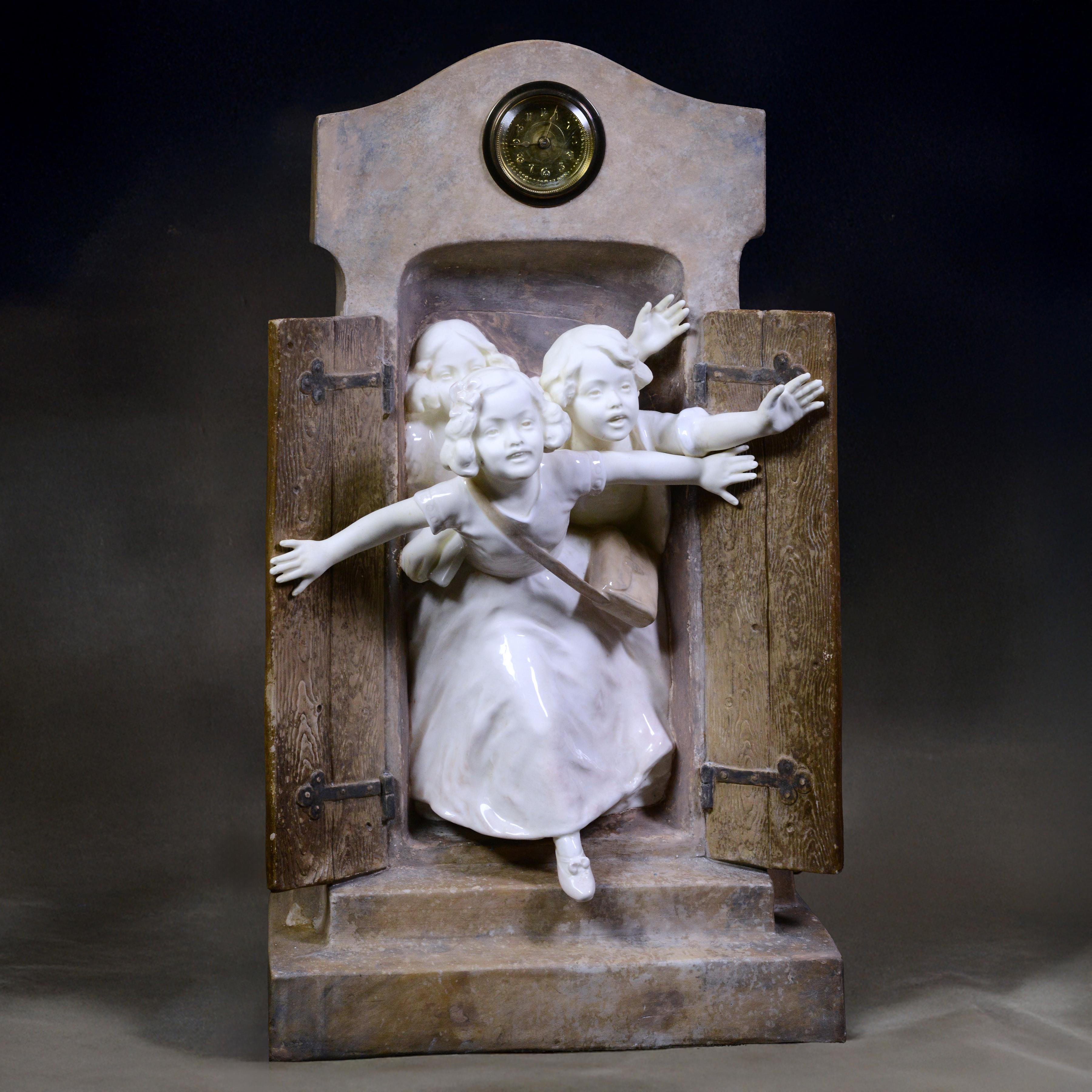 Art Nouveau Antique Novelty Clock by Goldscheider and Rose early 20th century Schoolchildren