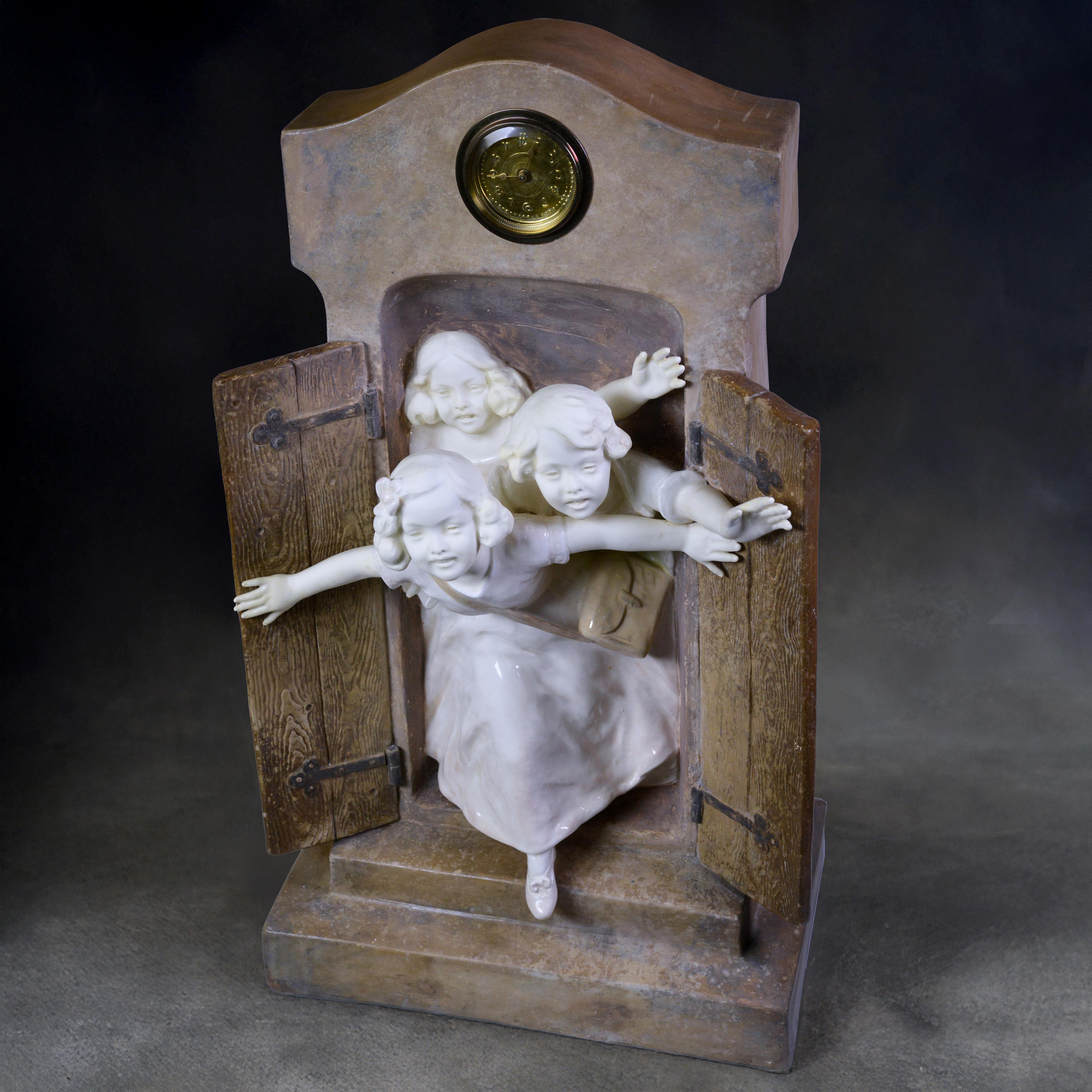 Austrian Antique Novelty Clock by Goldscheider and Rose early 20th century Schoolchildren