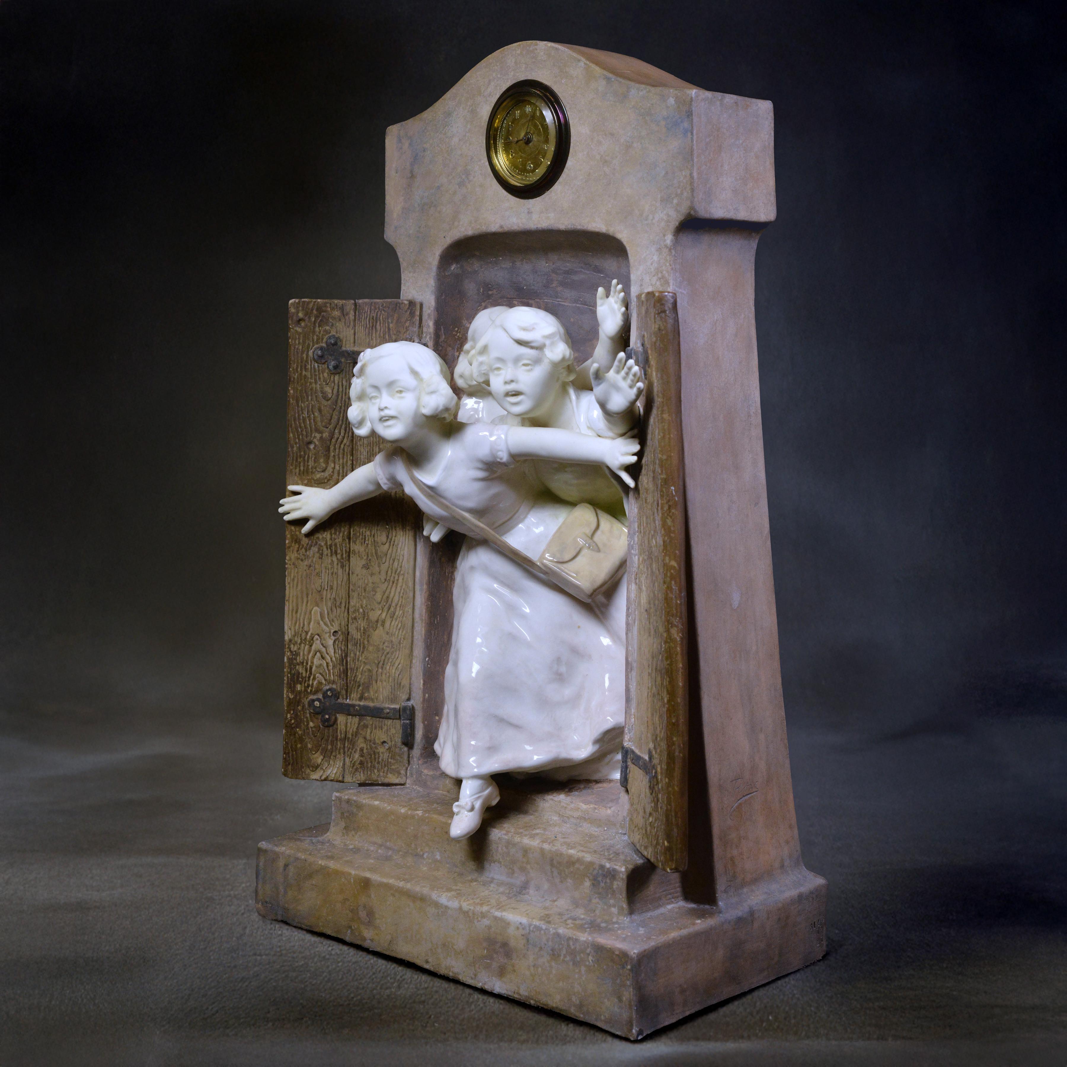Hand-Crafted Antique Novelty Clock by Goldscheider and Rose early 20th century Schoolchildren