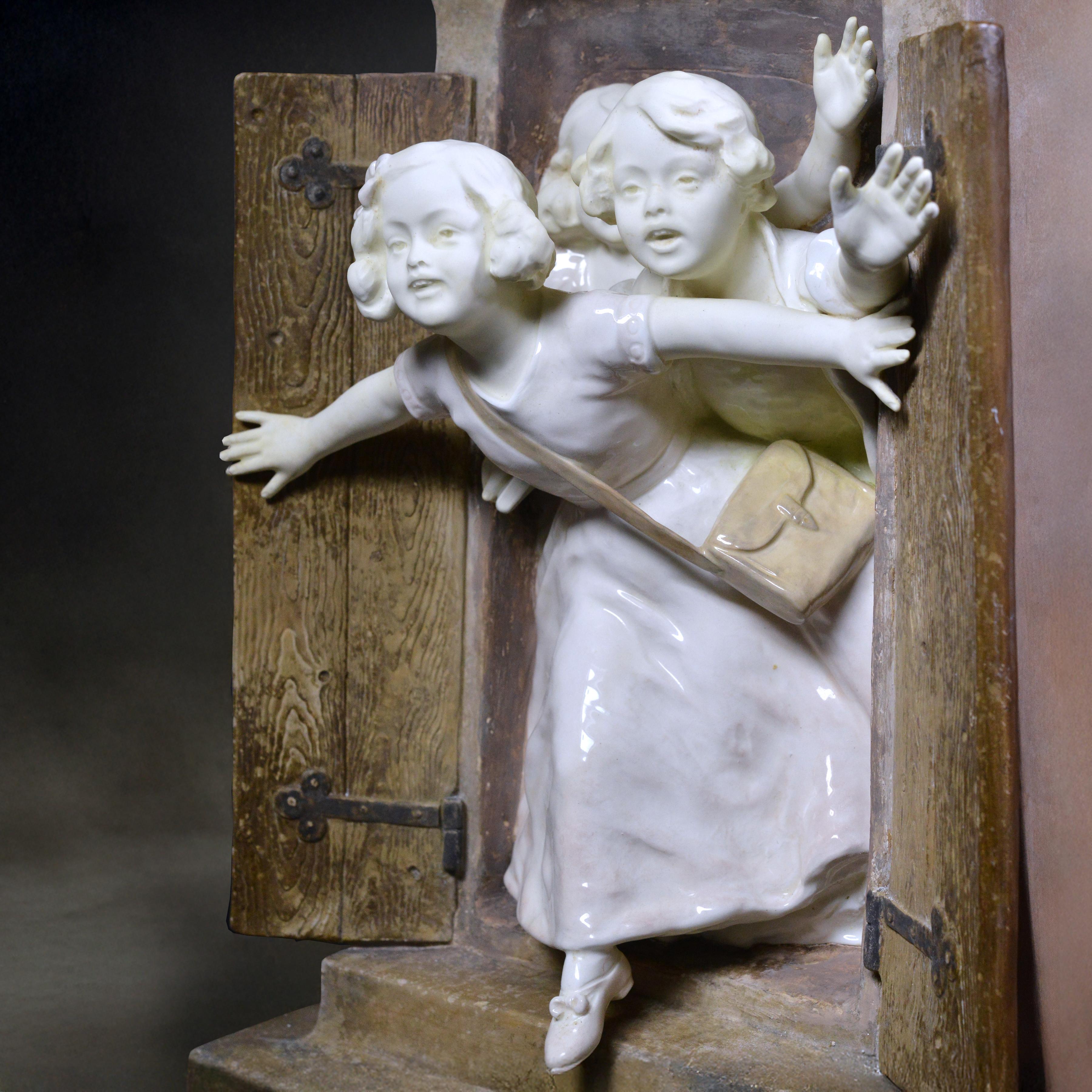 Antique Novelty Clock by Goldscheider and Rose early 20th century Schoolchildren In Good Condition In Sweden, SE