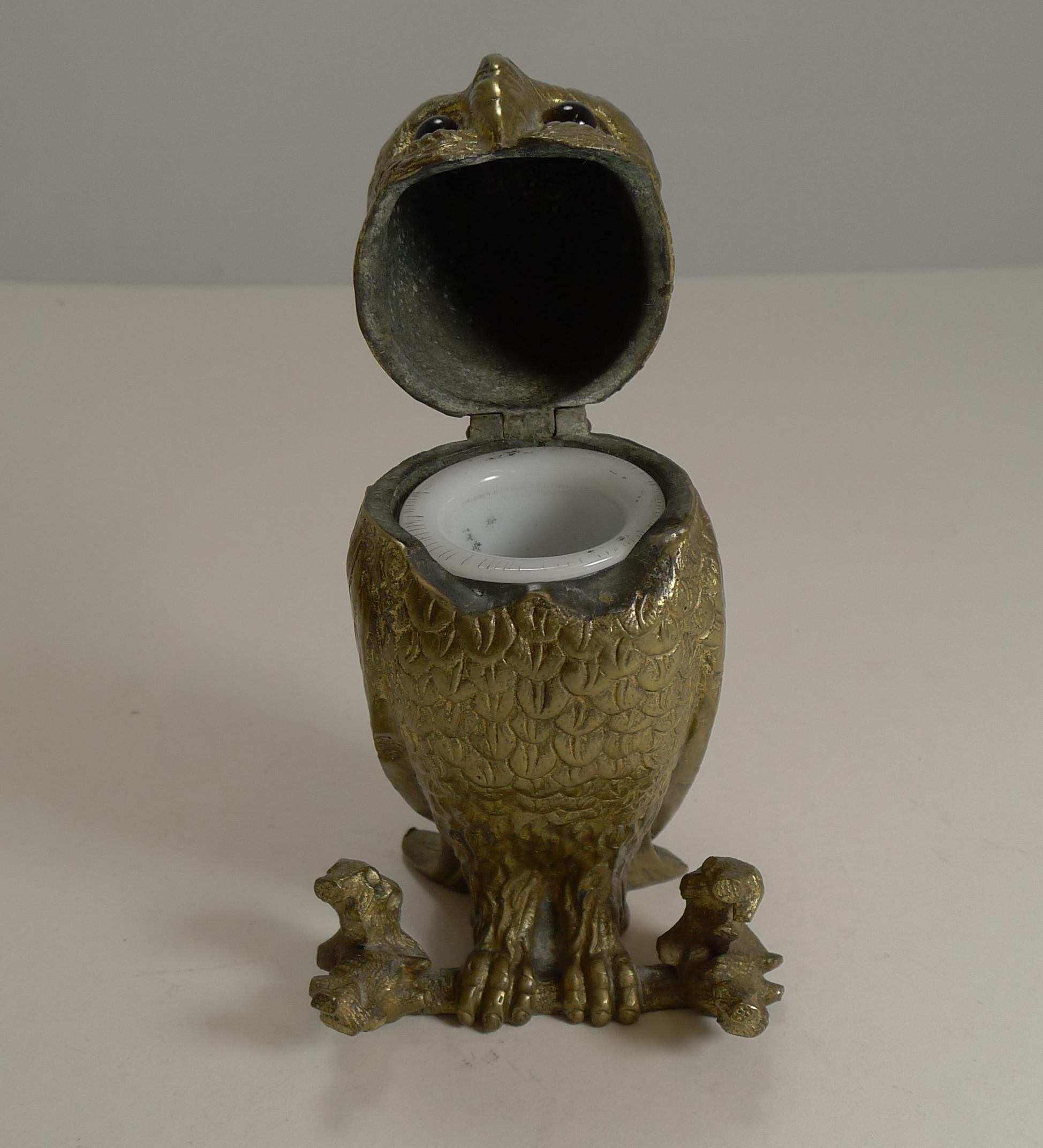 English Antique Novelty Inkwell, Gilded Bronze Owl with Glass Eyes