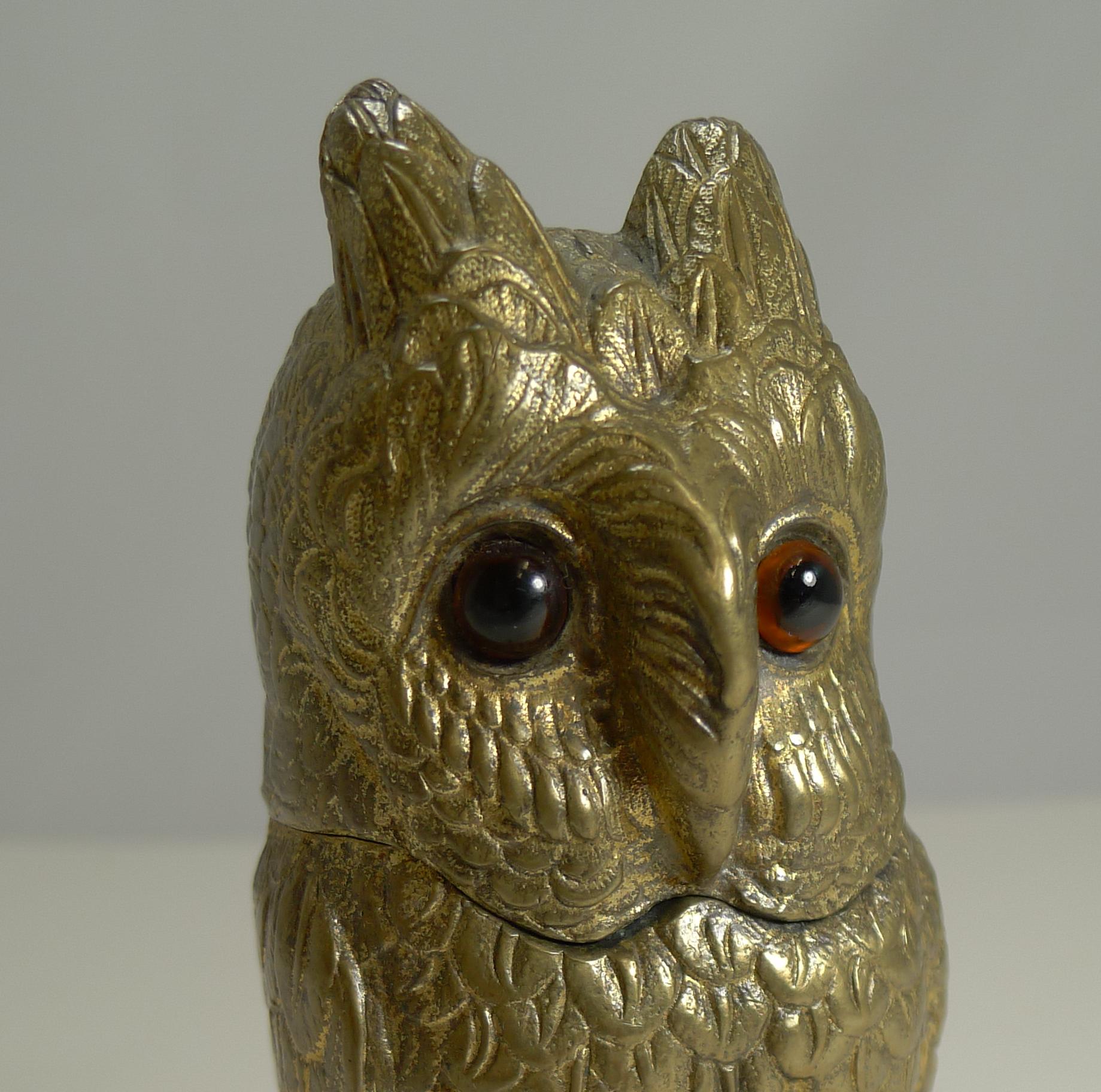 Late 19th Century Antique Novelty Inkwell, Gilded Bronze Owl with Glass Eyes