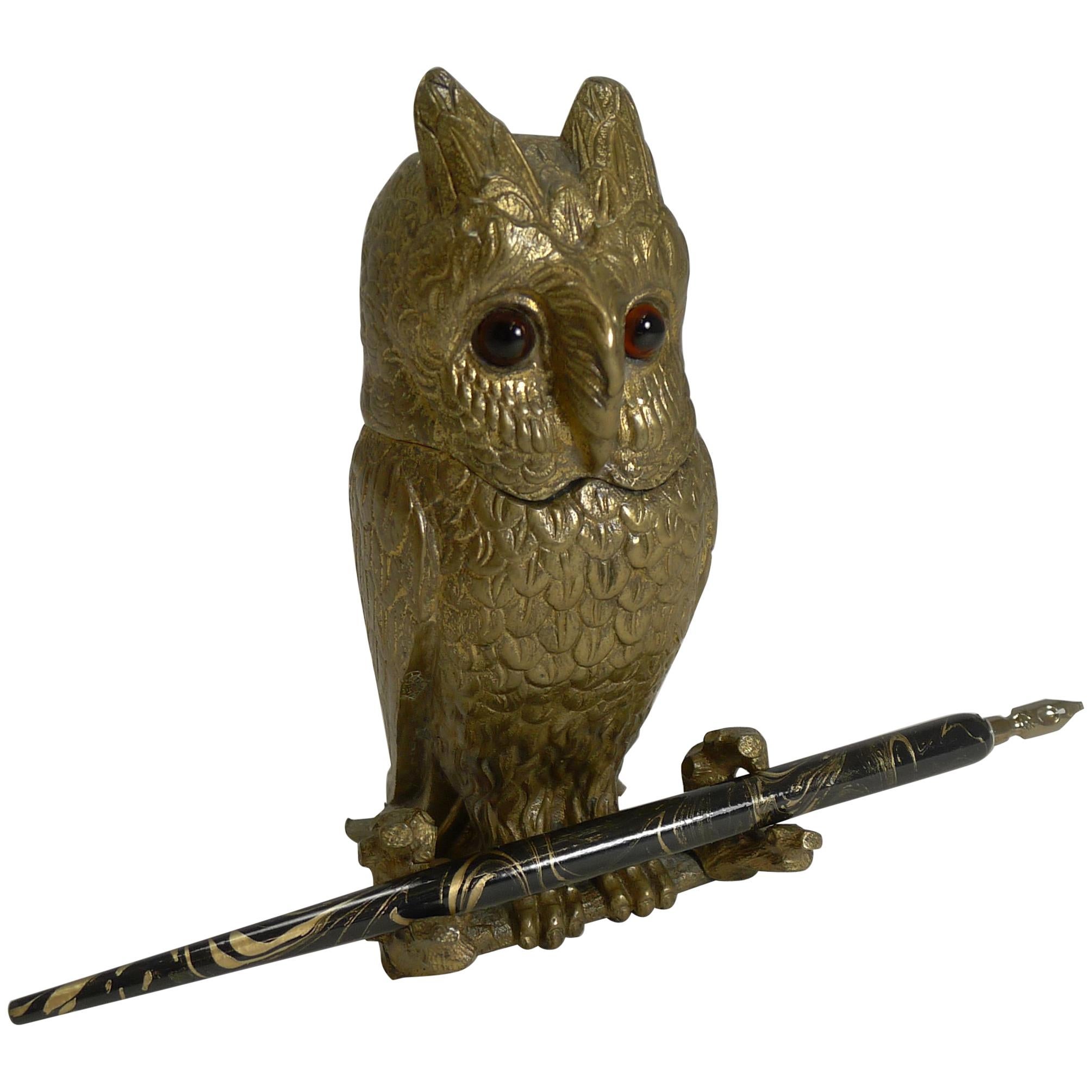 Antique Novelty Inkwell, Gilded Bronze Owl with Glass Eyes