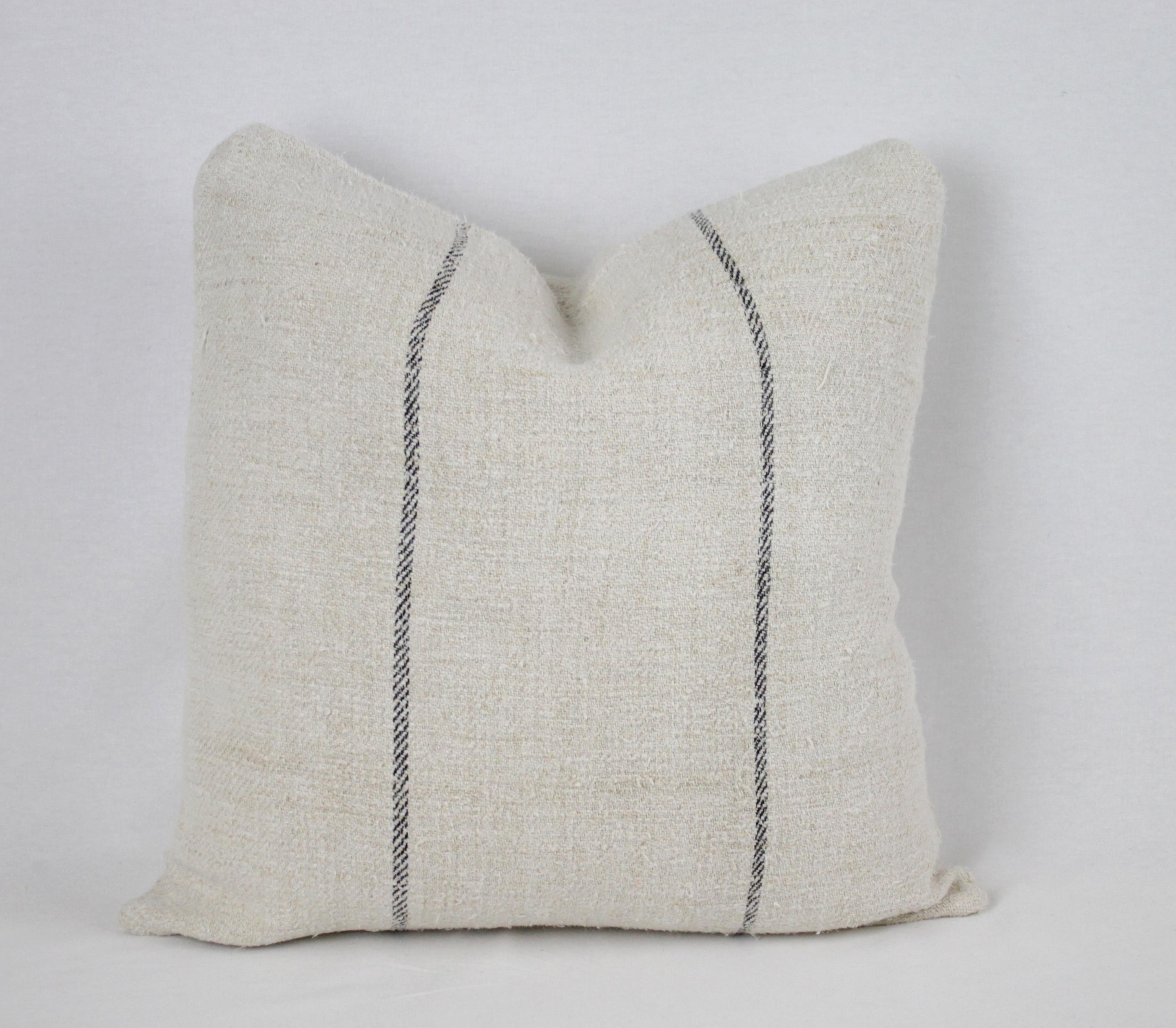 Antique Nubby 19th Century European Black Stripe Grain Sack Pillows 6