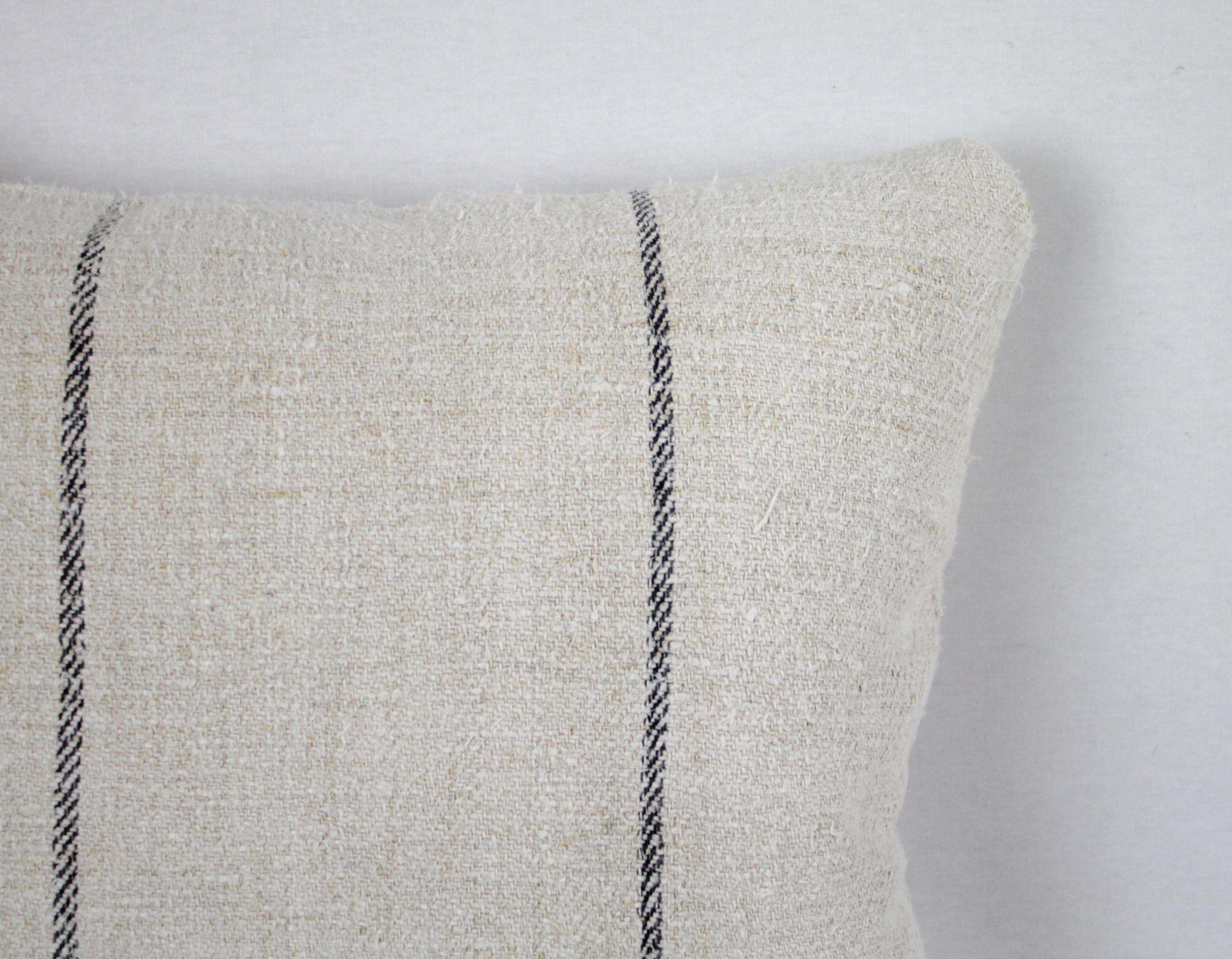 Belgian Antique Nubby 19th Century European Black Stripe Grain Sack Pillows