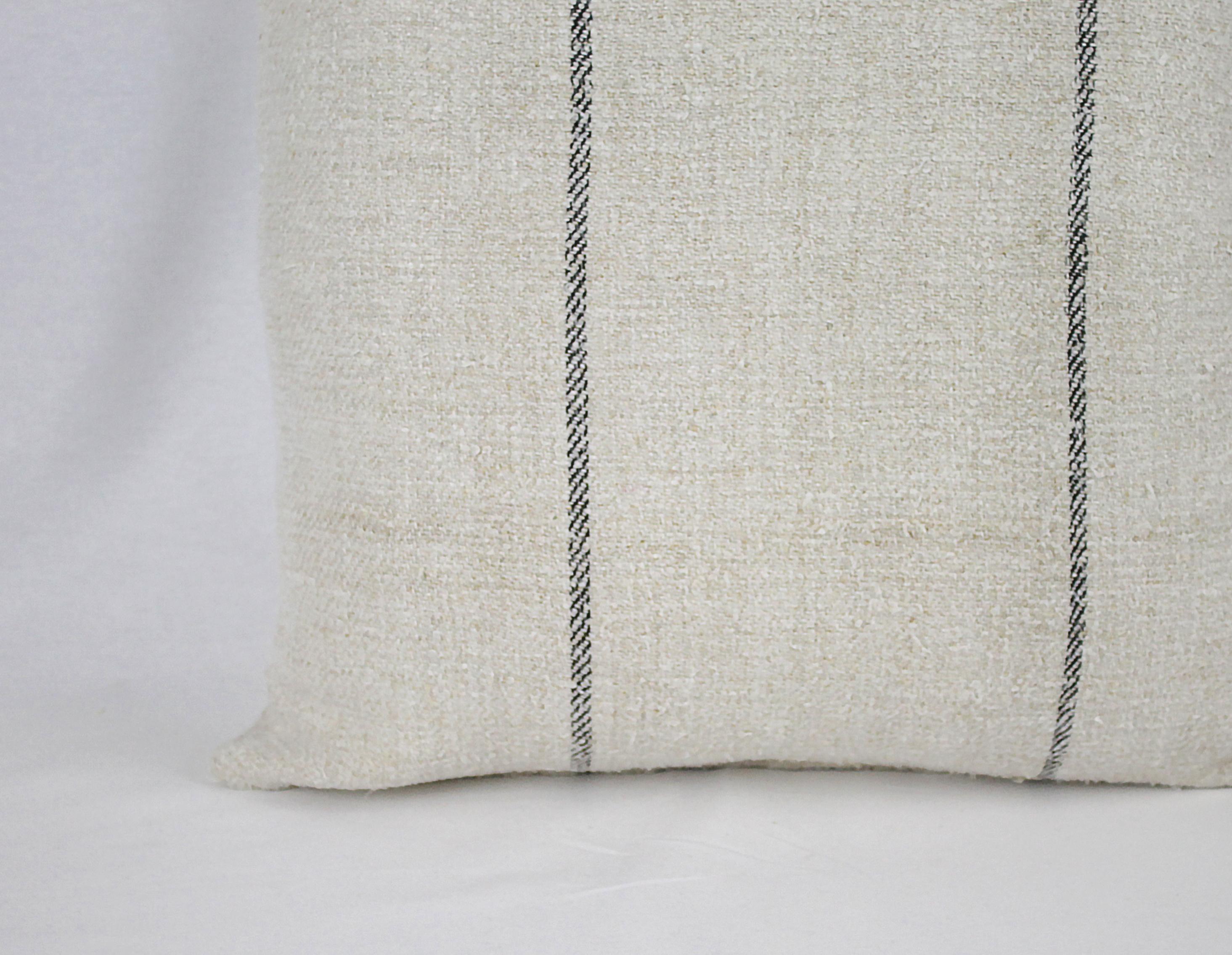 Antique Nubby 19th Century European Black Stripe Grain Sack Pillows In Good Condition In Brea, CA