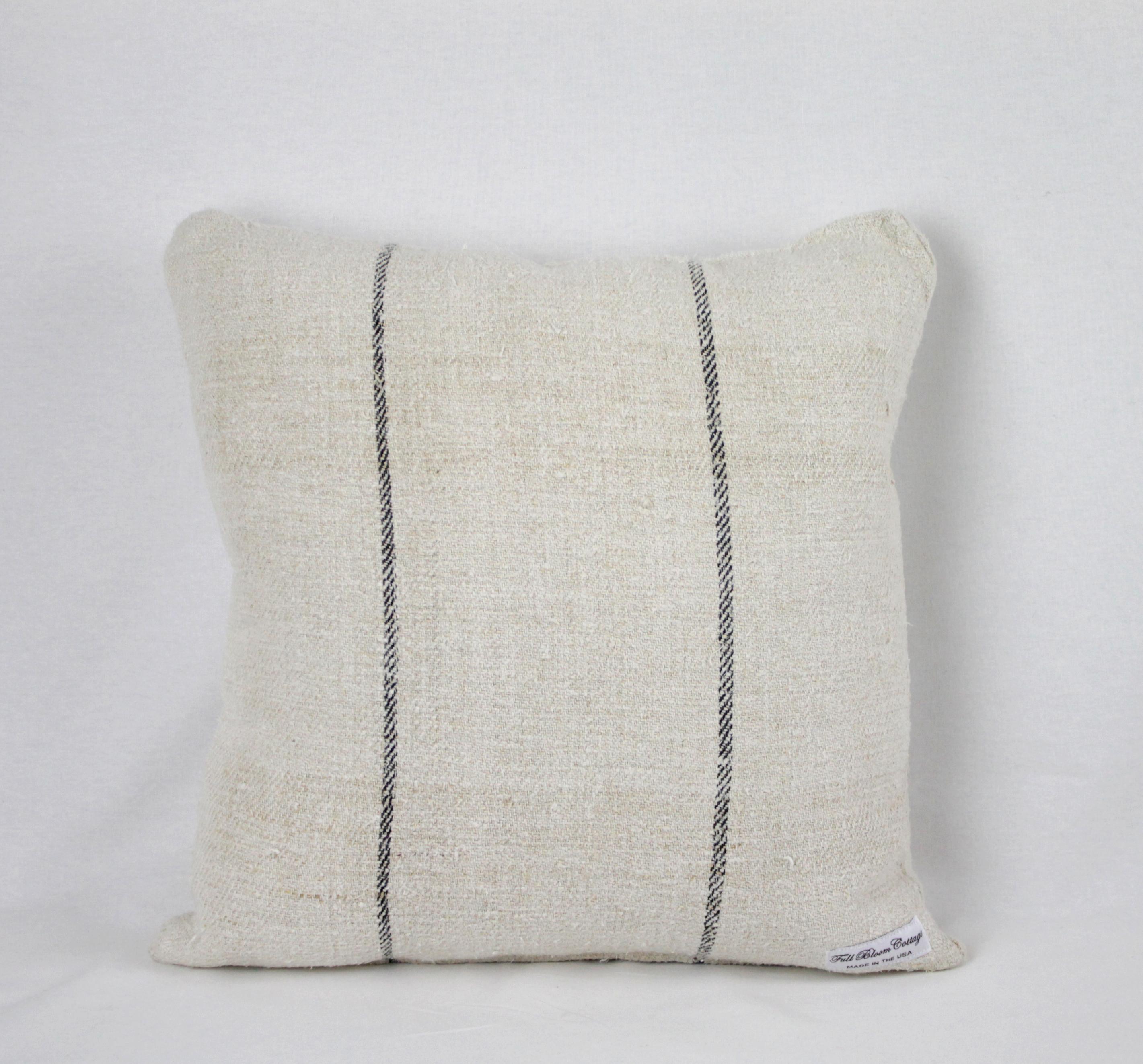 Antique Nubby 19th Century European Black Stripe Grain Sack Pillows 1