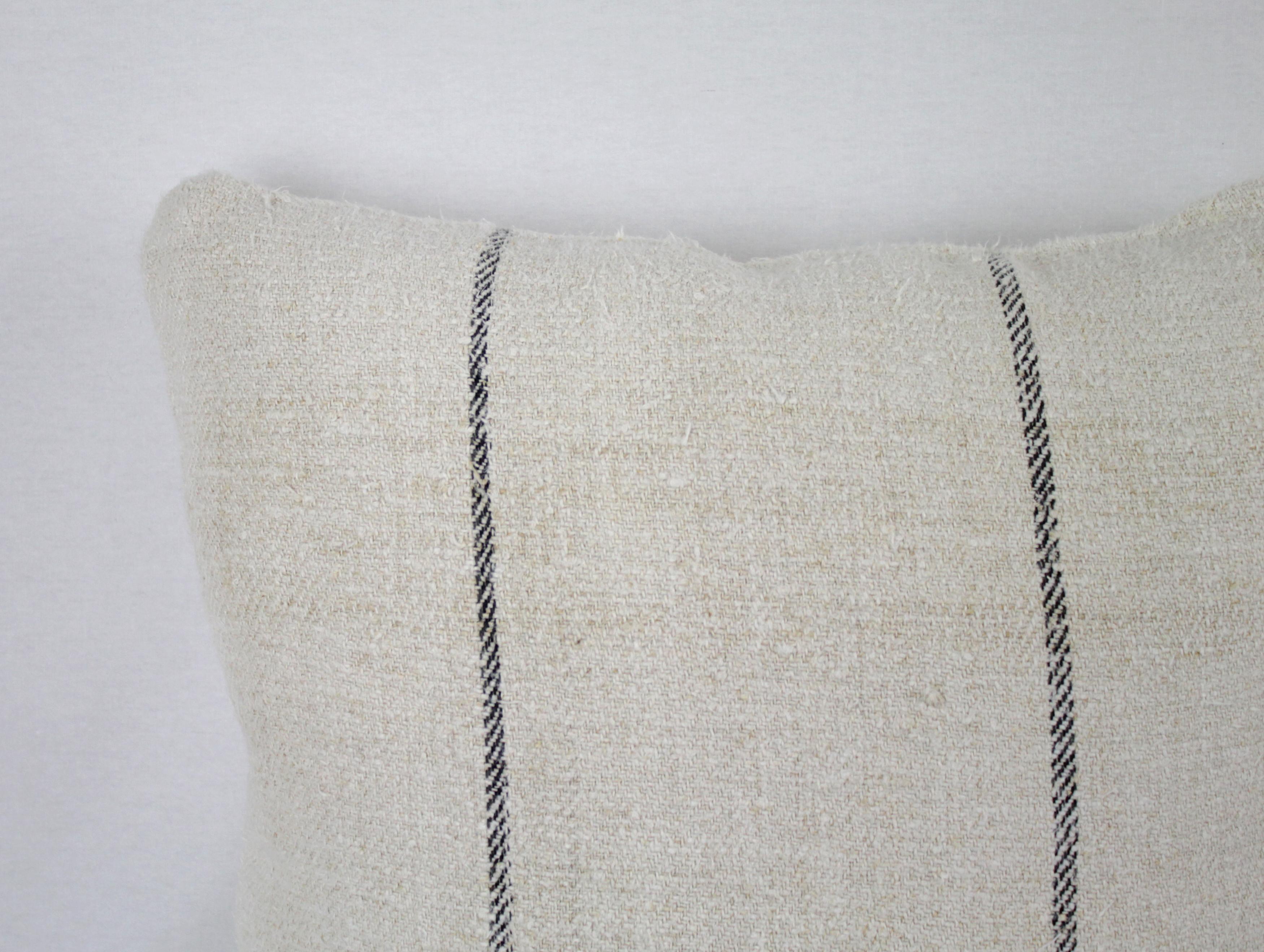 Antique Nubby 19th Century European Black Stripe Grain Sack Pillows 2