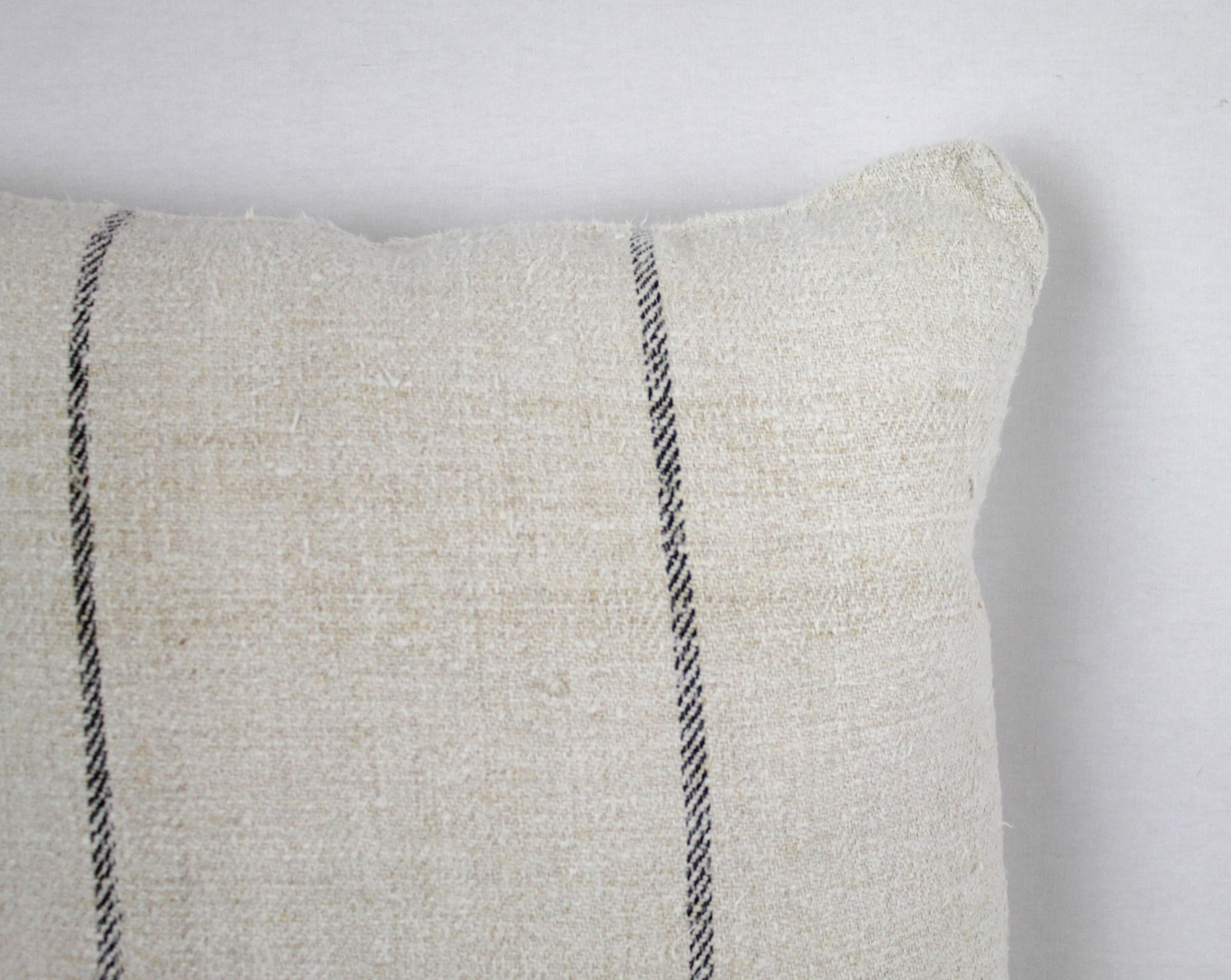 Antique Nubby 19th Century European Black Stripe Grain Sack Pillows 3