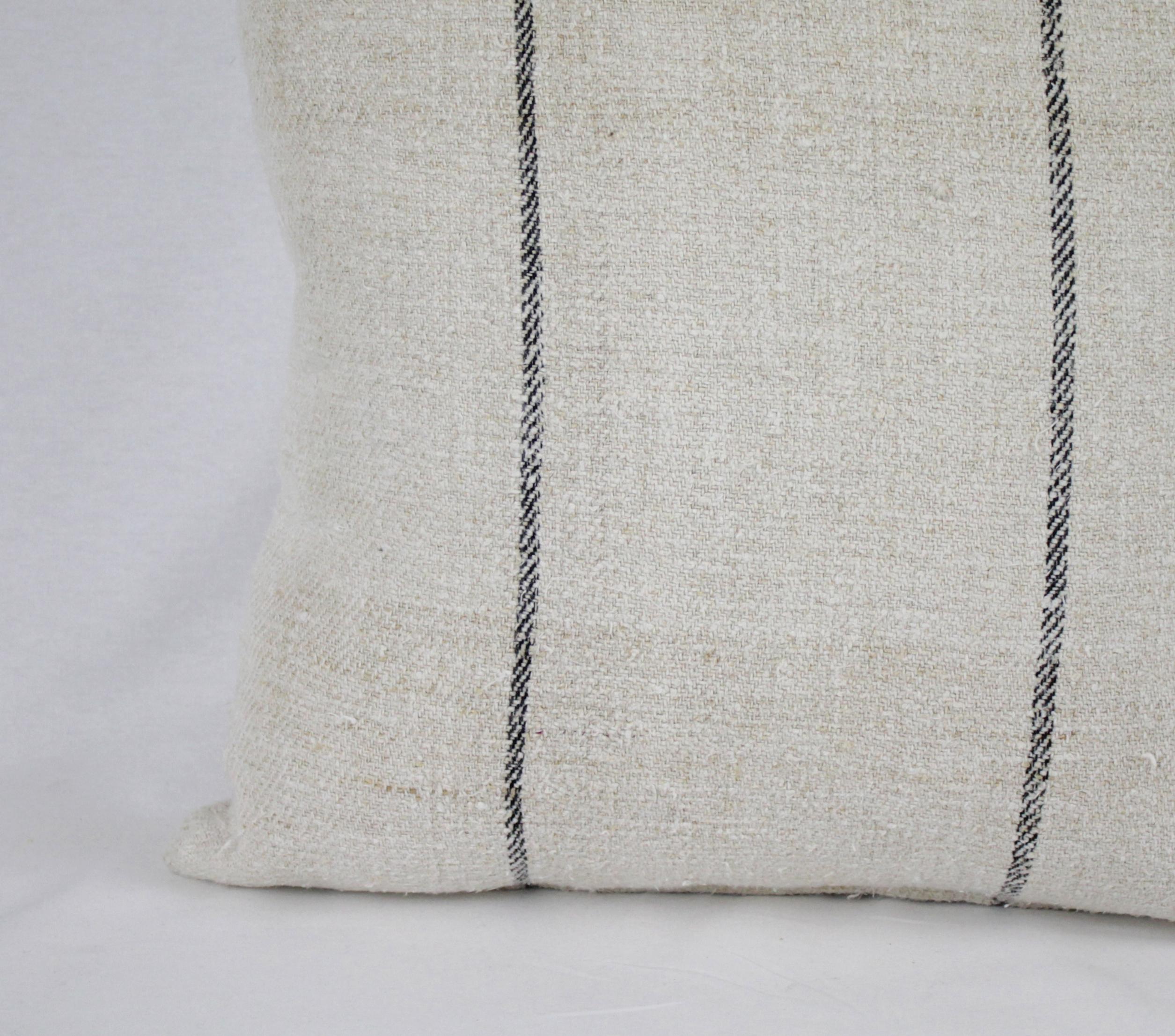 Antique Nubby 19th Century European Black Stripe Grain Sack Pillows 4
