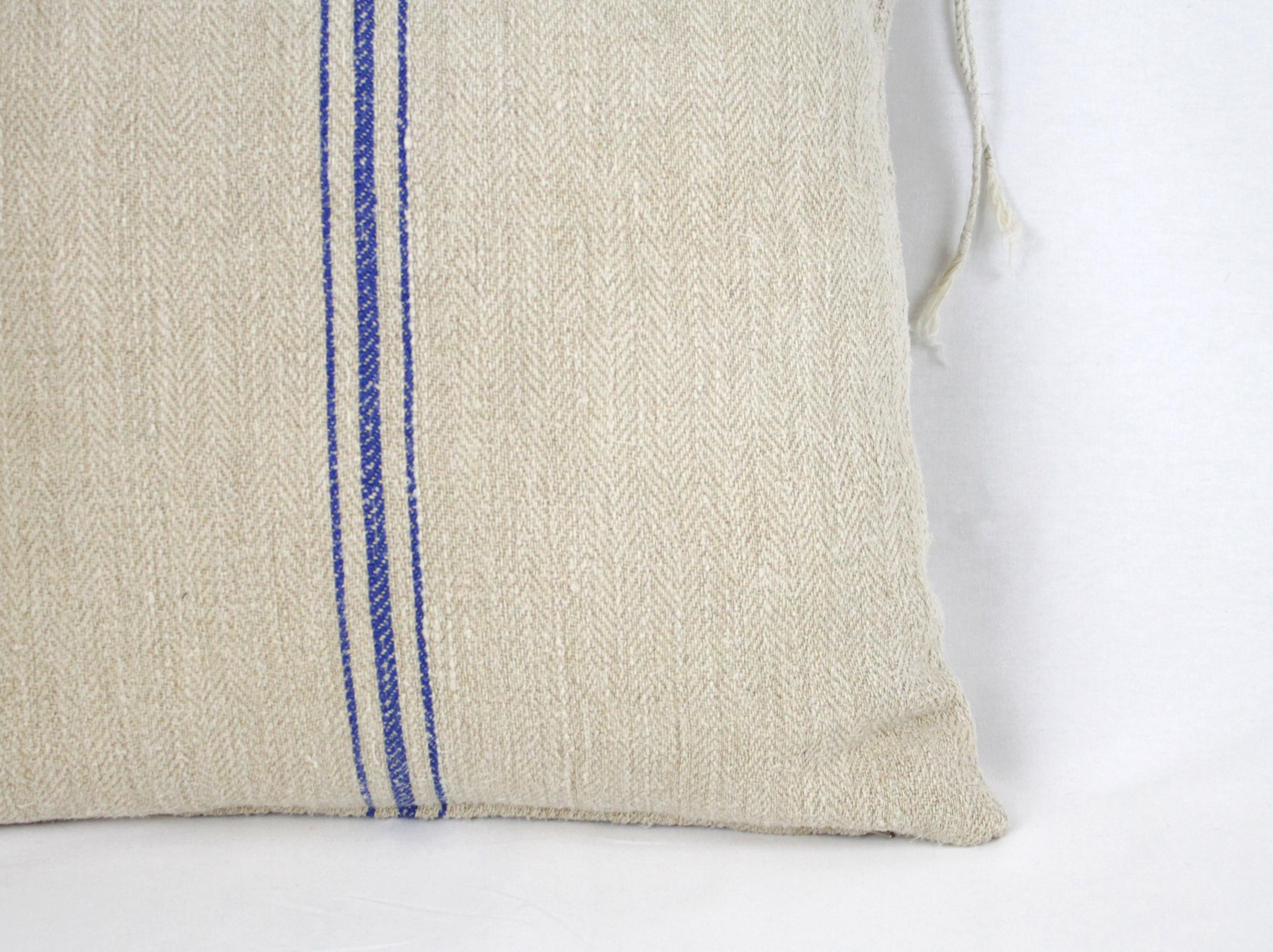 Antique Nubby 19th Century European Blue Stripe Grain Sack Pillows 5