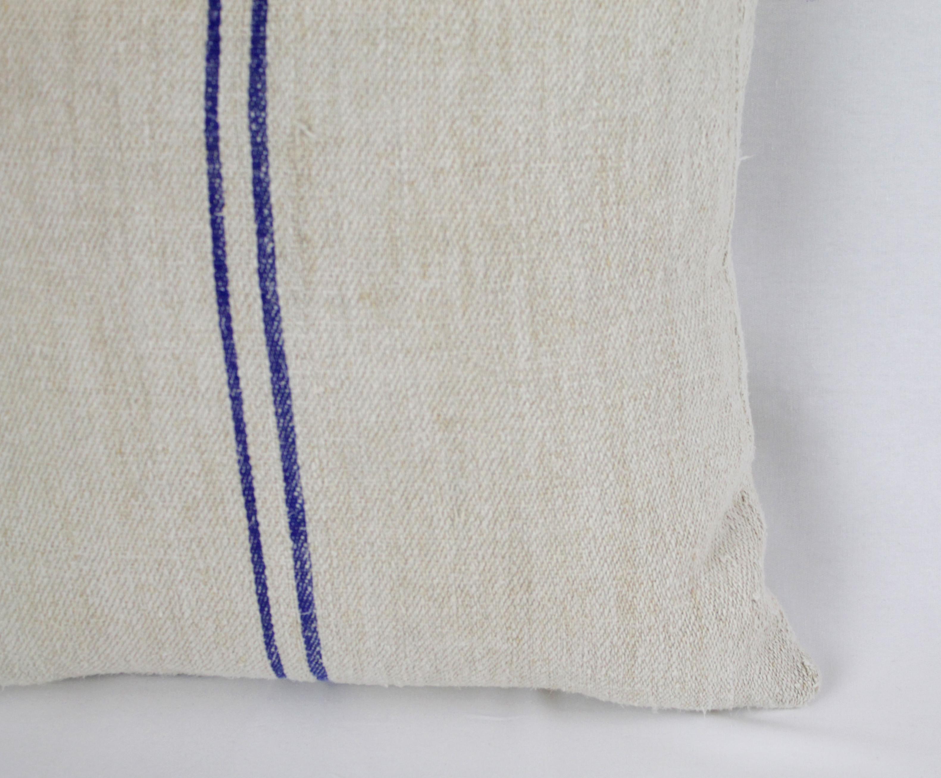 Antique Nubby 19th Century European Blue Stripe Grain Sack Pillows 5