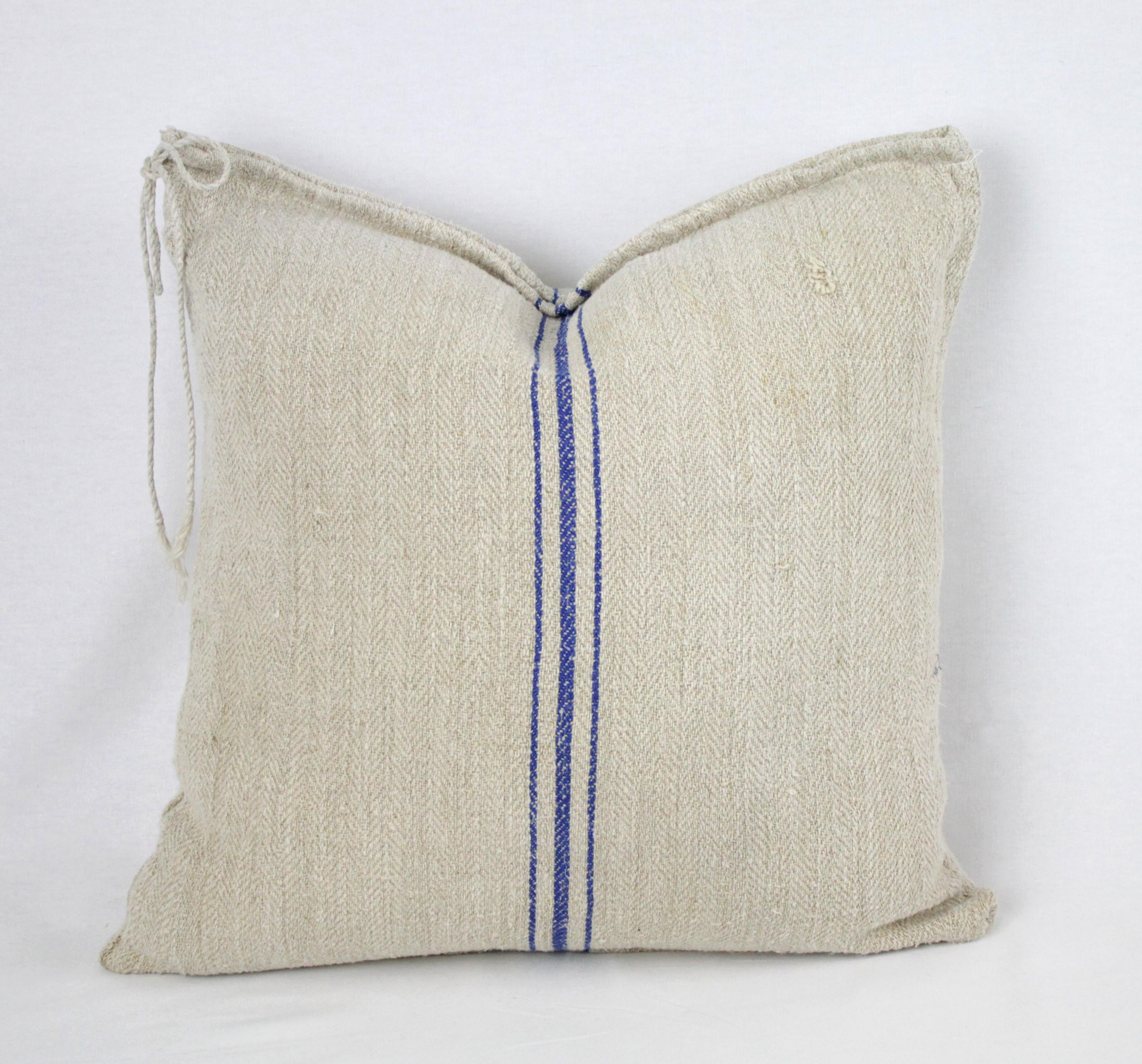Antique Nubby 19th Century European Blue Stripe Grain Sack Pillows 6