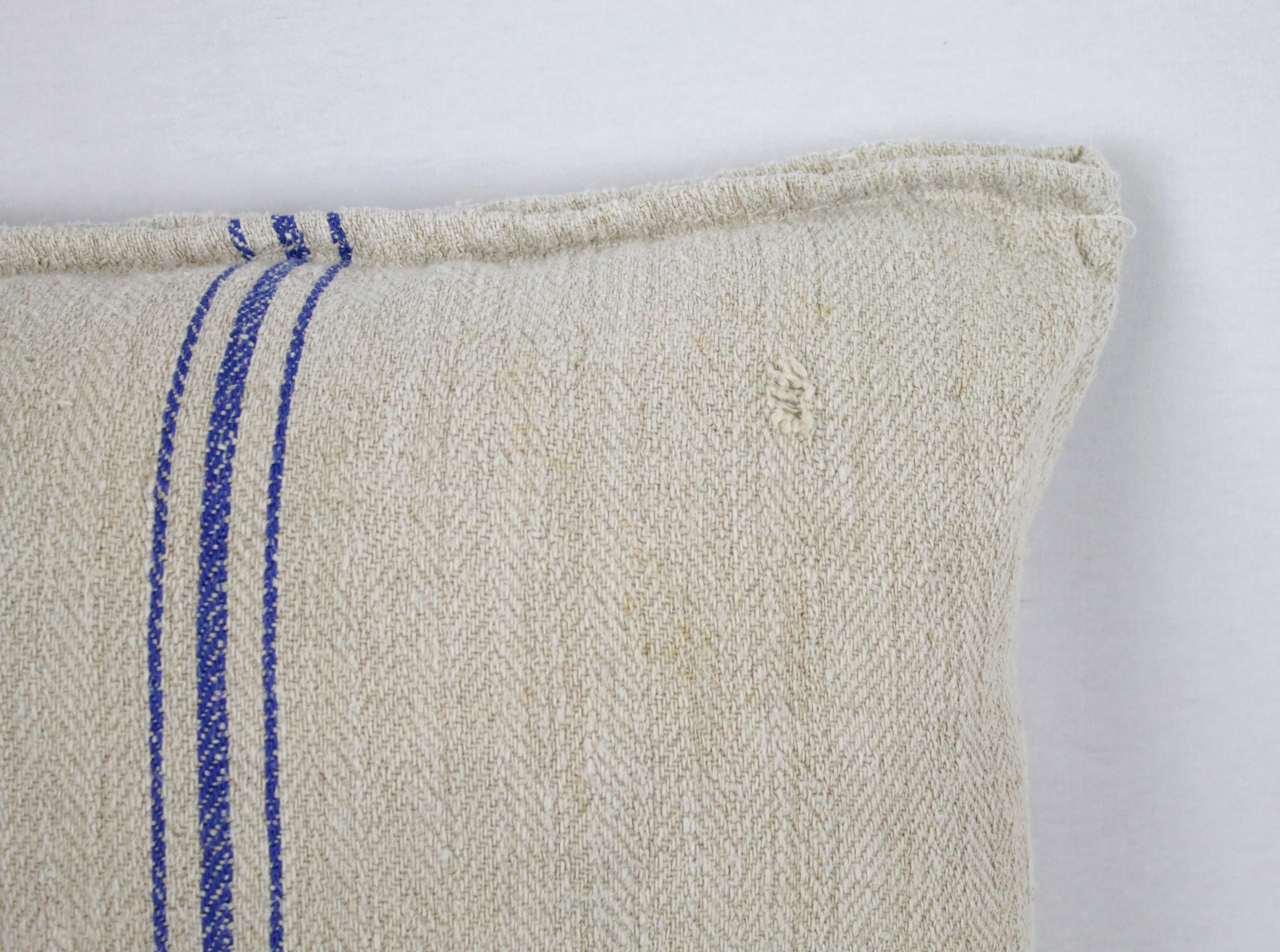 Belgian Antique Nubby 19th Century European Blue Stripe Grain Sack Pillows