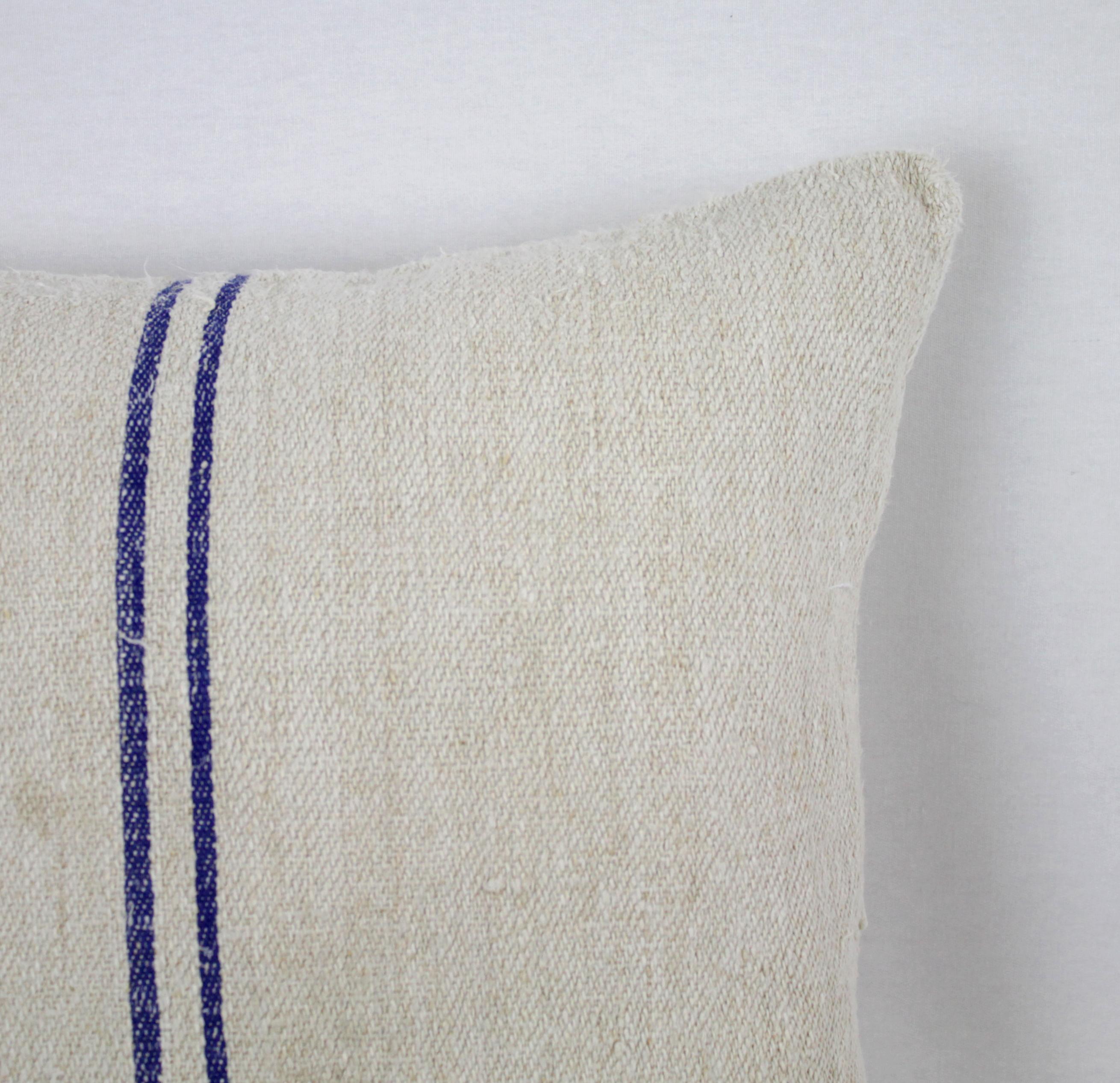 Belgian Antique Nubby 19th Century European Blue Stripe Grain Sack Pillows