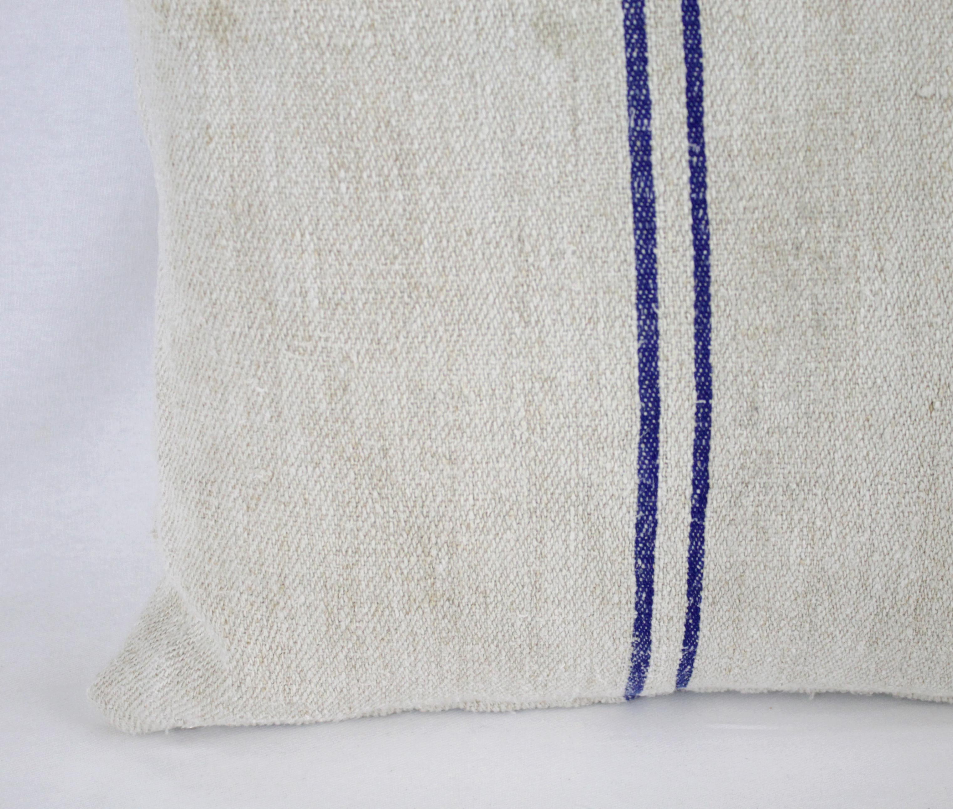 Antique Nubby 19th Century European Blue Stripe Grain Sack Pillows In Good Condition In Brea, CA