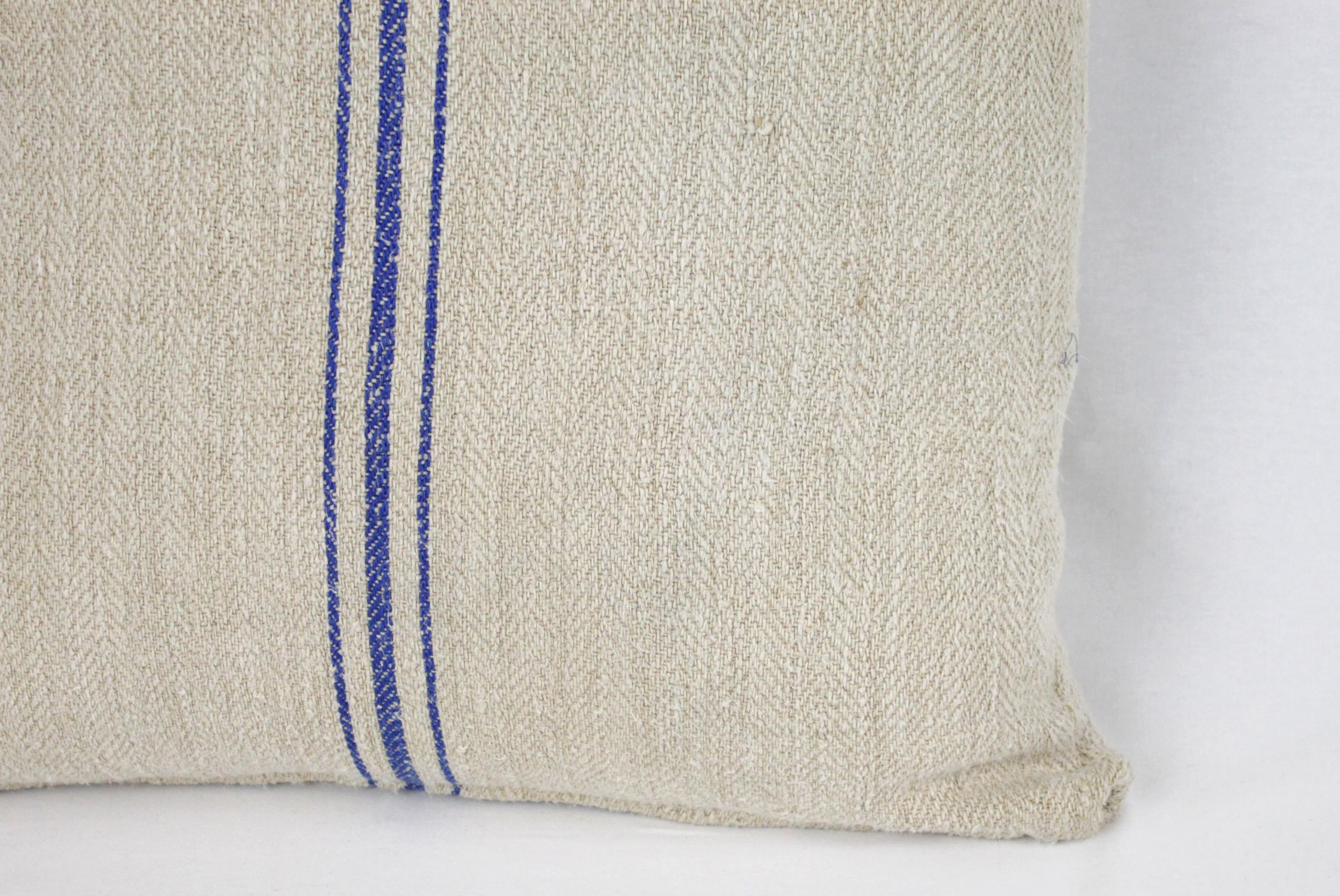 Linen Antique Nubby 19th Century European Blue Stripe Grain Sack Pillows