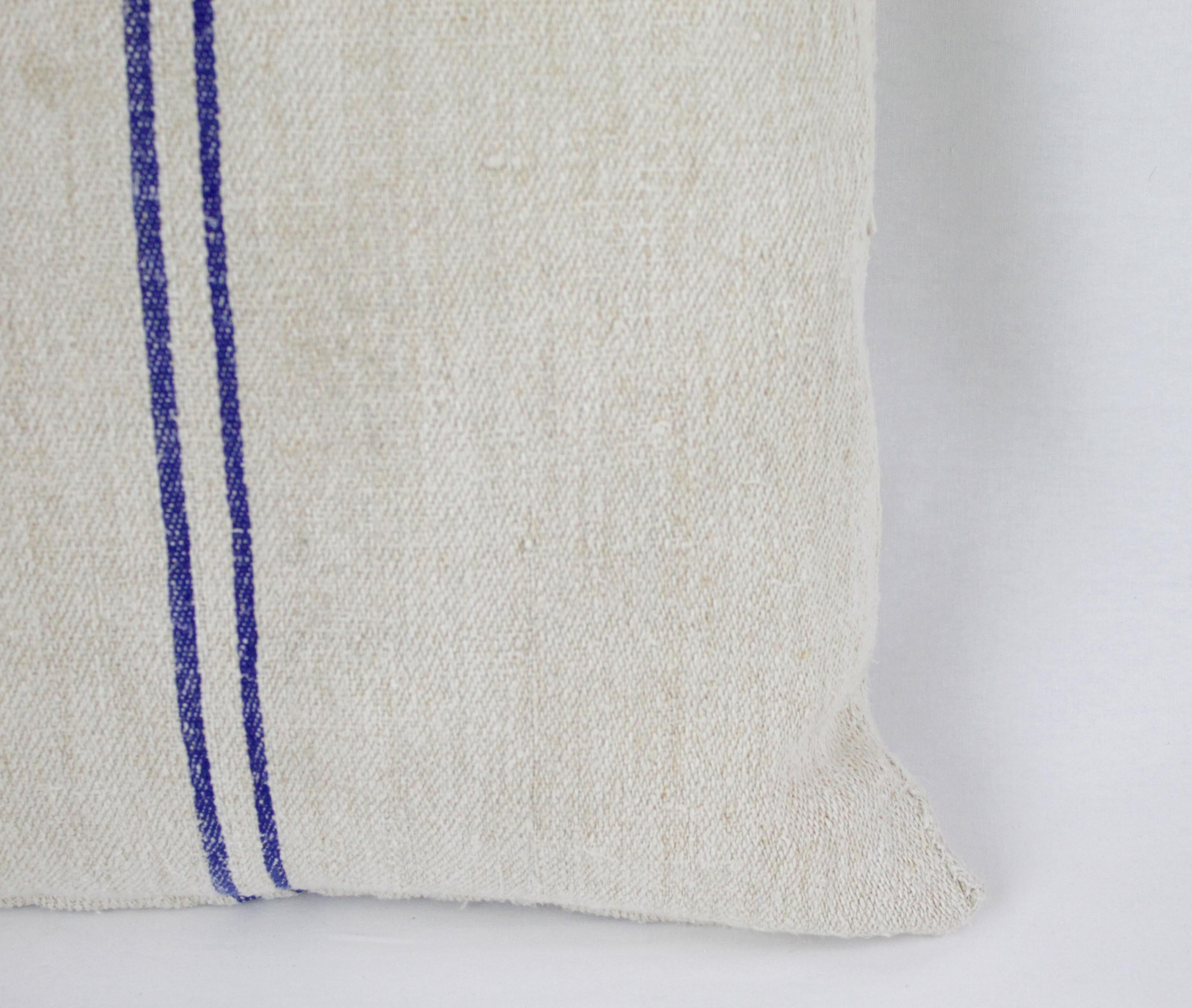 Linen Antique Nubby 19th Century European Blue Stripe Grain Sack Pillows