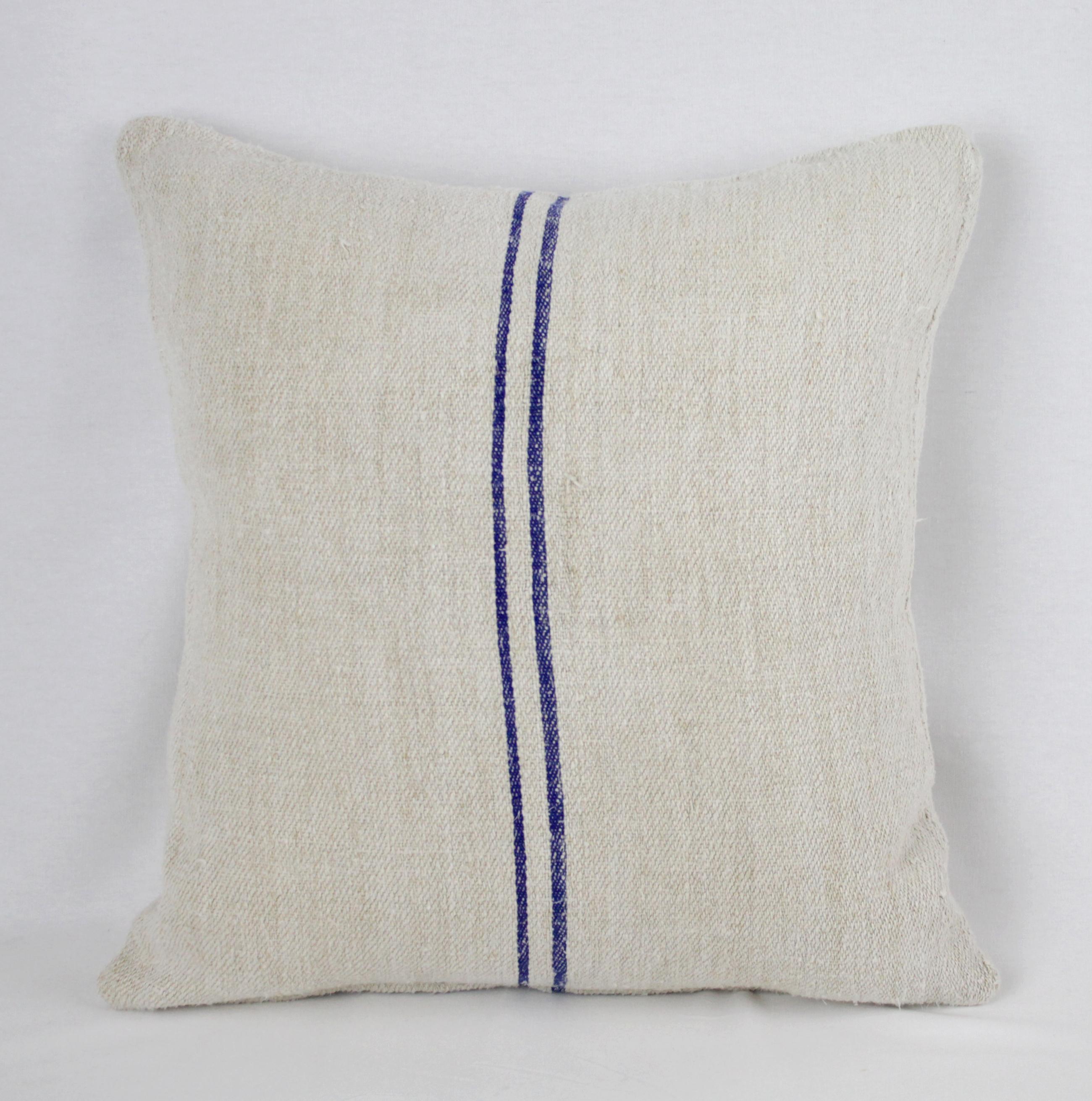 Antique Nubby 19th Century European Blue Stripe Grain Sack Pillows 1