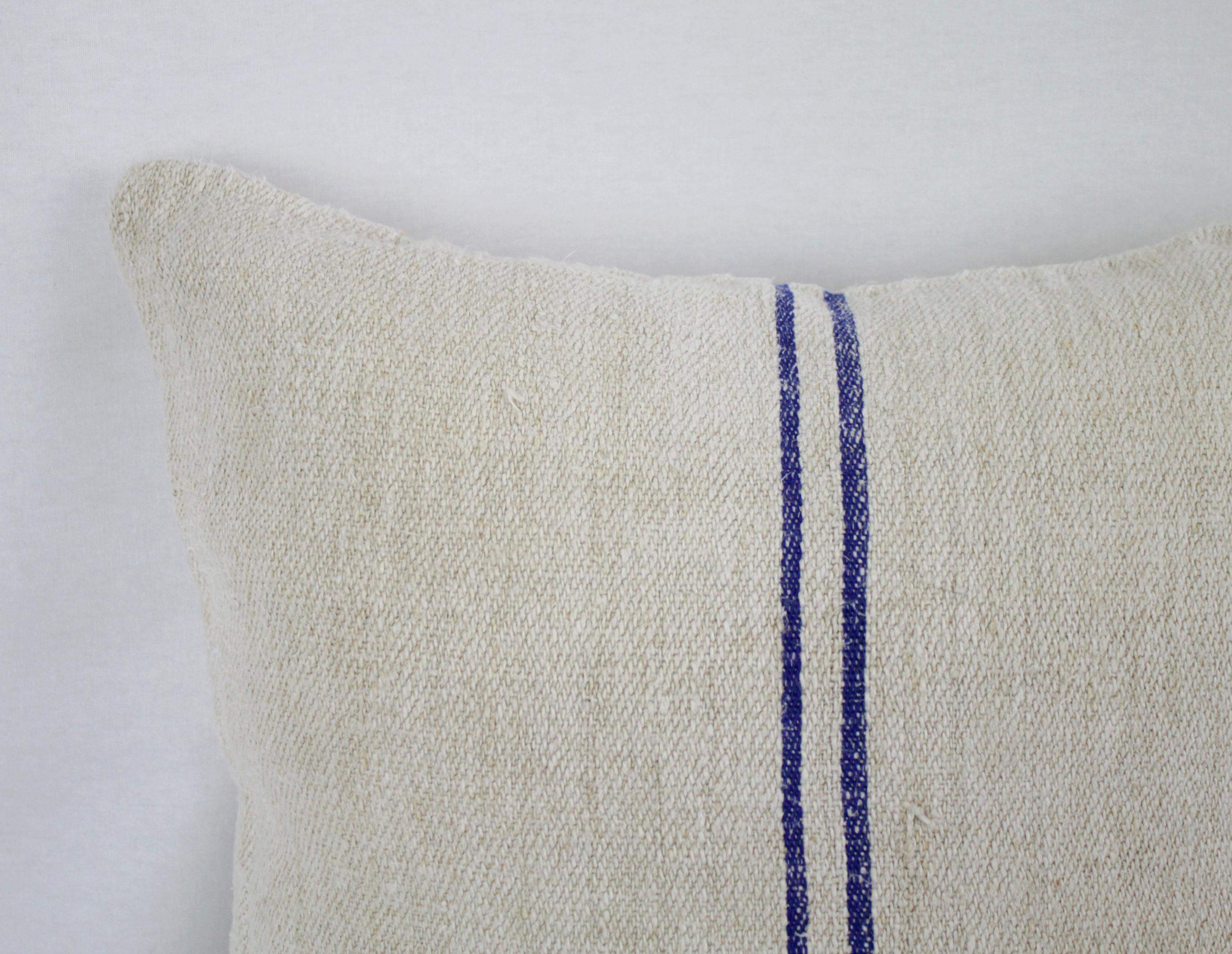 Antique Nubby 19th Century European Blue Stripe Grain Sack Pillows 2