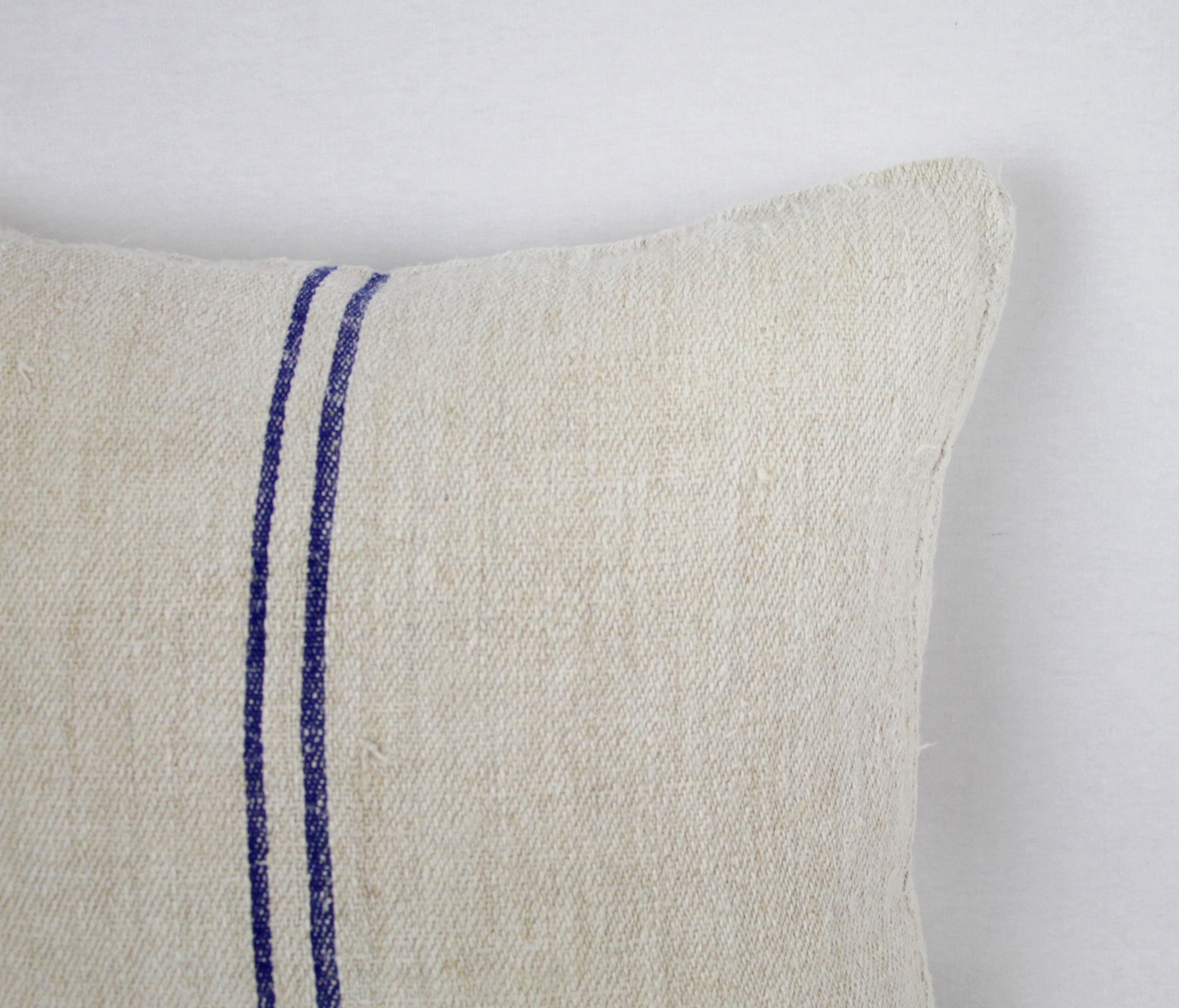 Antique Nubby 19th Century European Blue Stripe Grain Sack Pillows 3