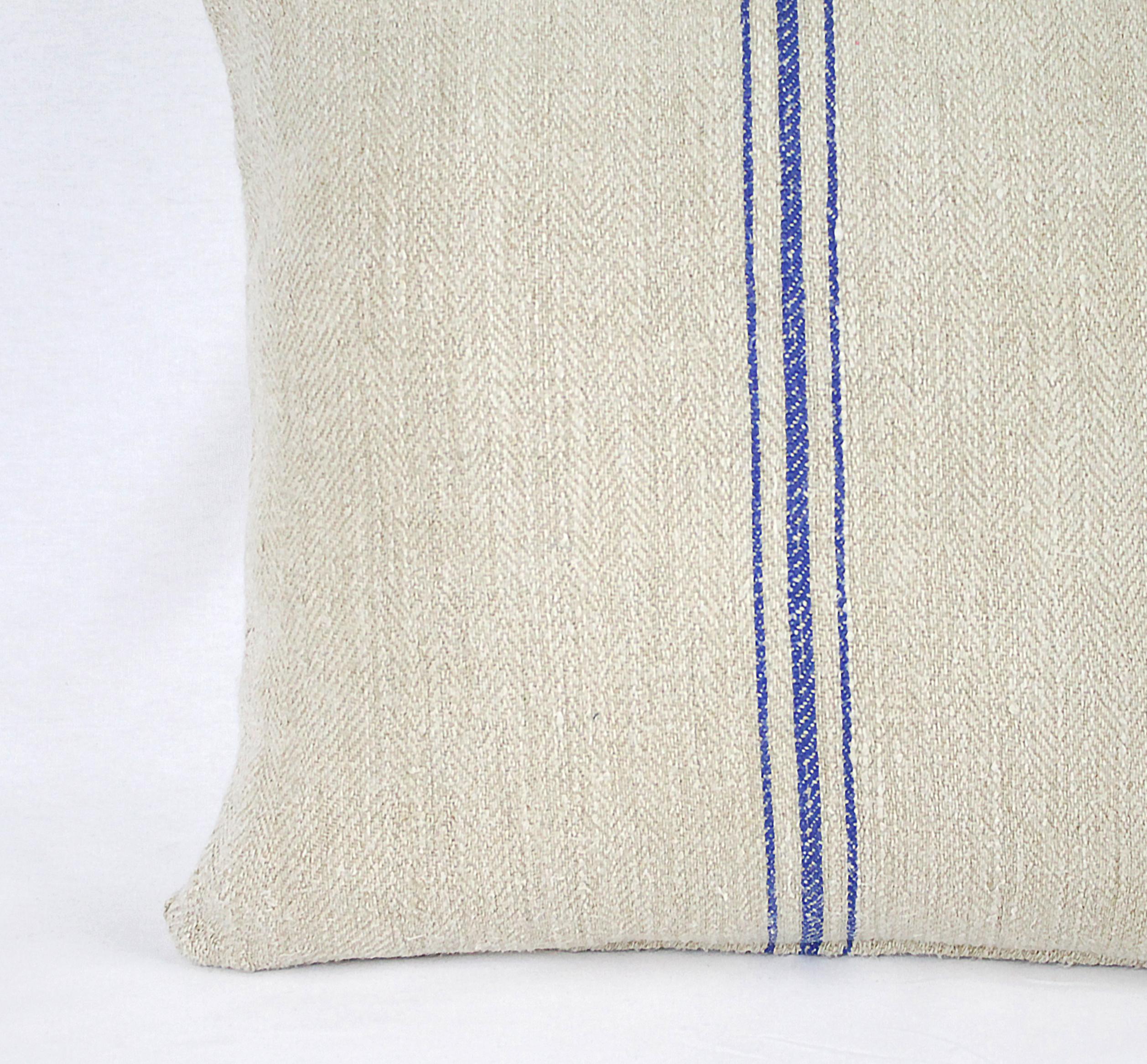 Antique Nubby 19th Century European Blue Stripe Grain Sack Pillows 4