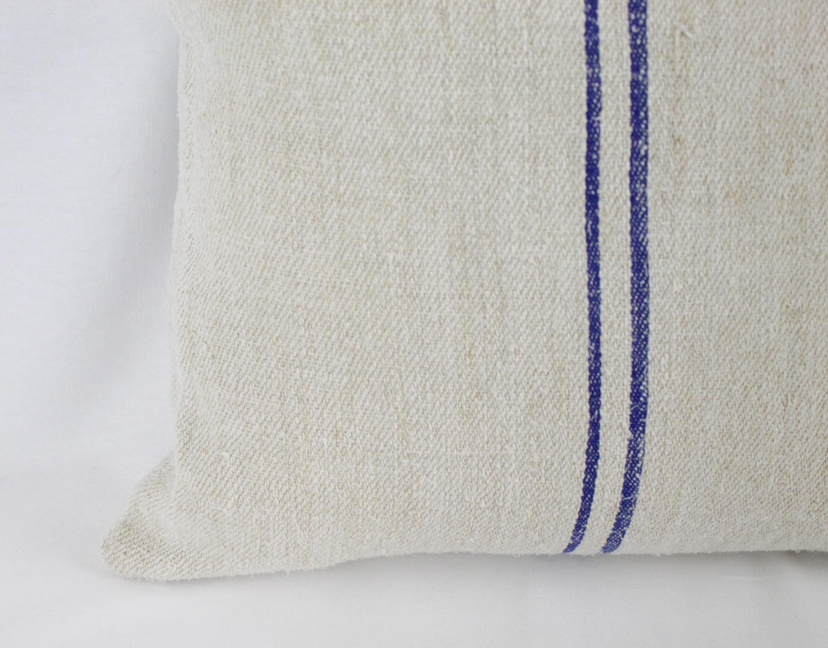 Antique Nubby 19th Century European Blue Stripe Grain Sack Pillows 4
